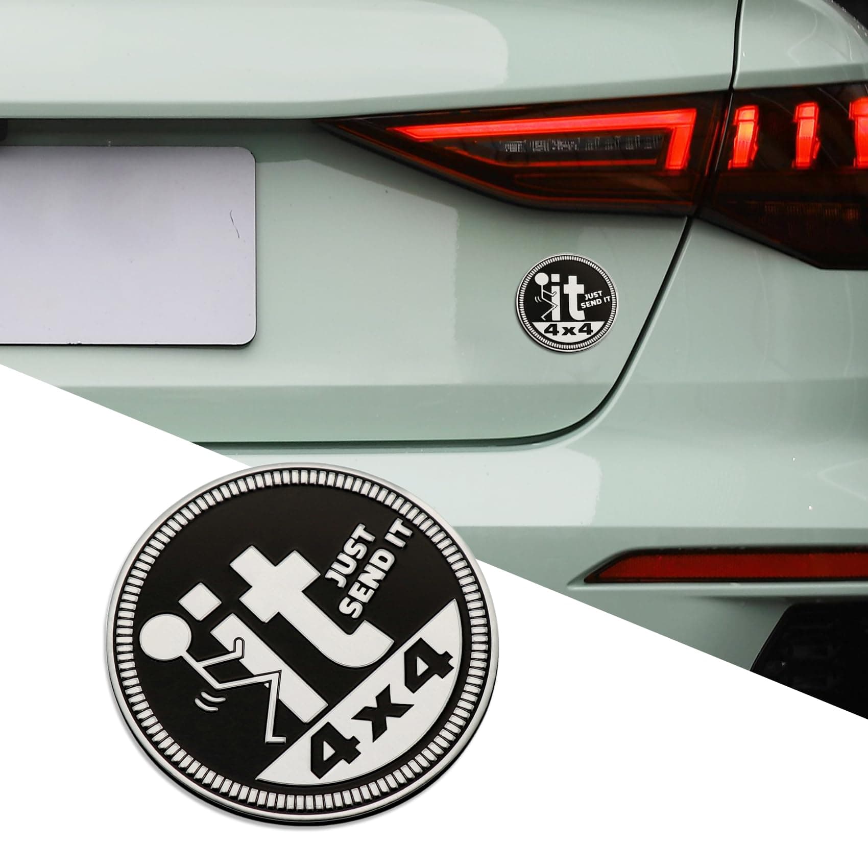 3D Car Badges Emblems, Just Send It Rated Emblem, 4 x 4 Metal Automotive Badge, Round Emblem Decals, Exterior Emblems Badge Compatible with Jeep Wrangler Vehicles Trucks SUV (Just Send It)