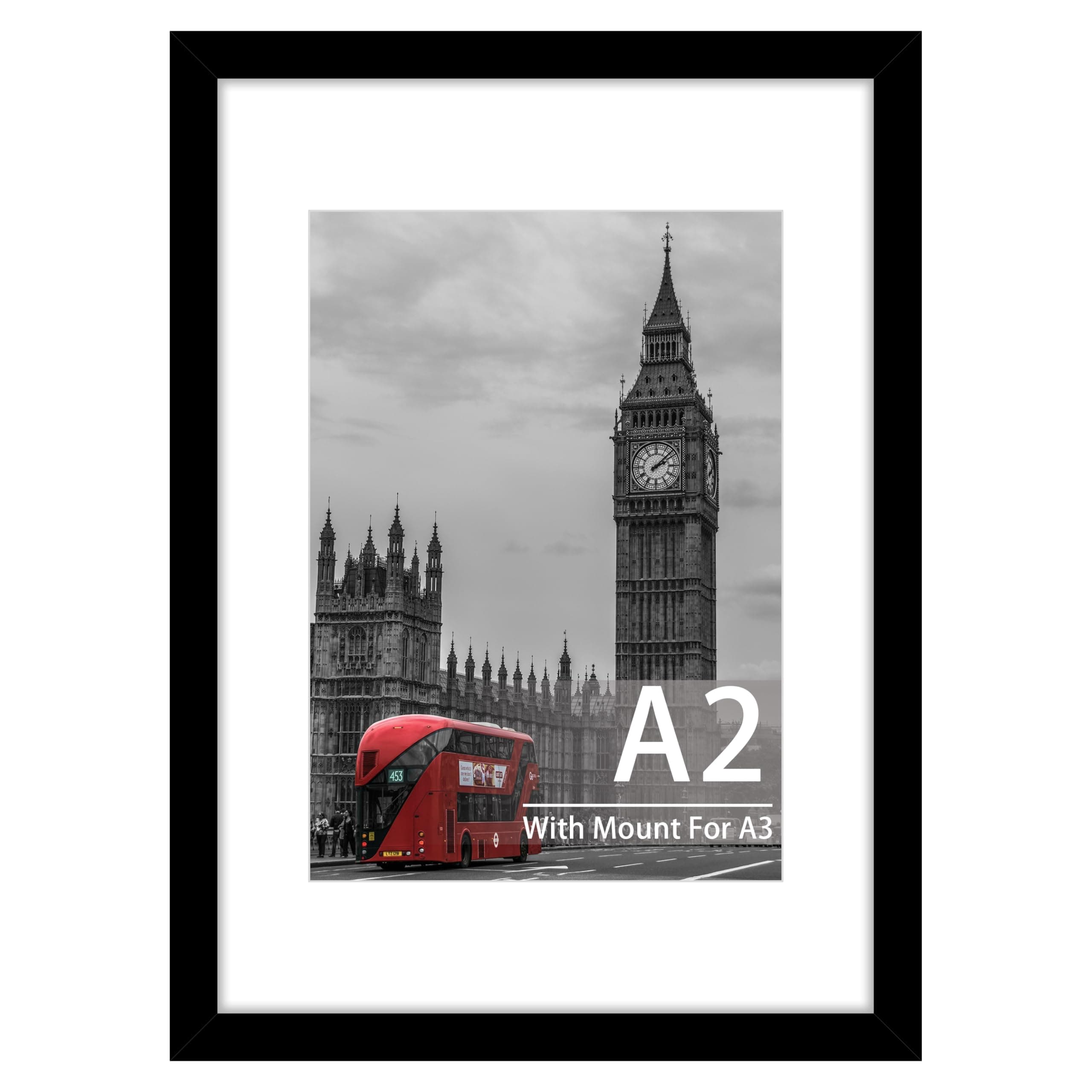 A2 Black Picture Frame - Engineered Wood and Plexiglass, A2 Frame with A3 Mount for Prints, Photos, and Posters, Wall Mountable