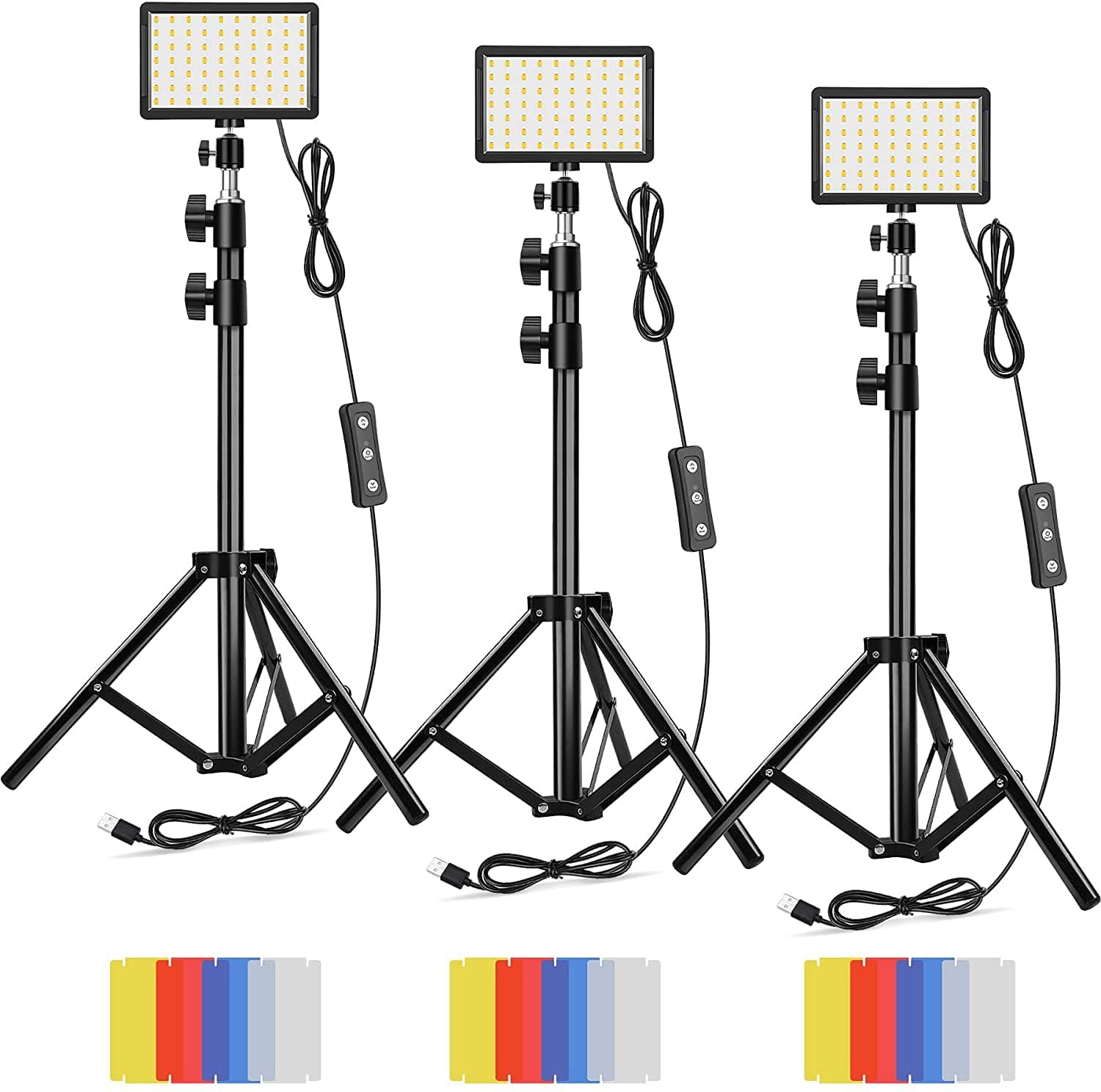 Led Video Light,3 Pack Video Lighting Kit Dimmable 5600K USB 70 LED Video Light with Mini Adjustable Tripod Stand and Color Filters for Table Top/Low Angle Photo Video Studio Shooting