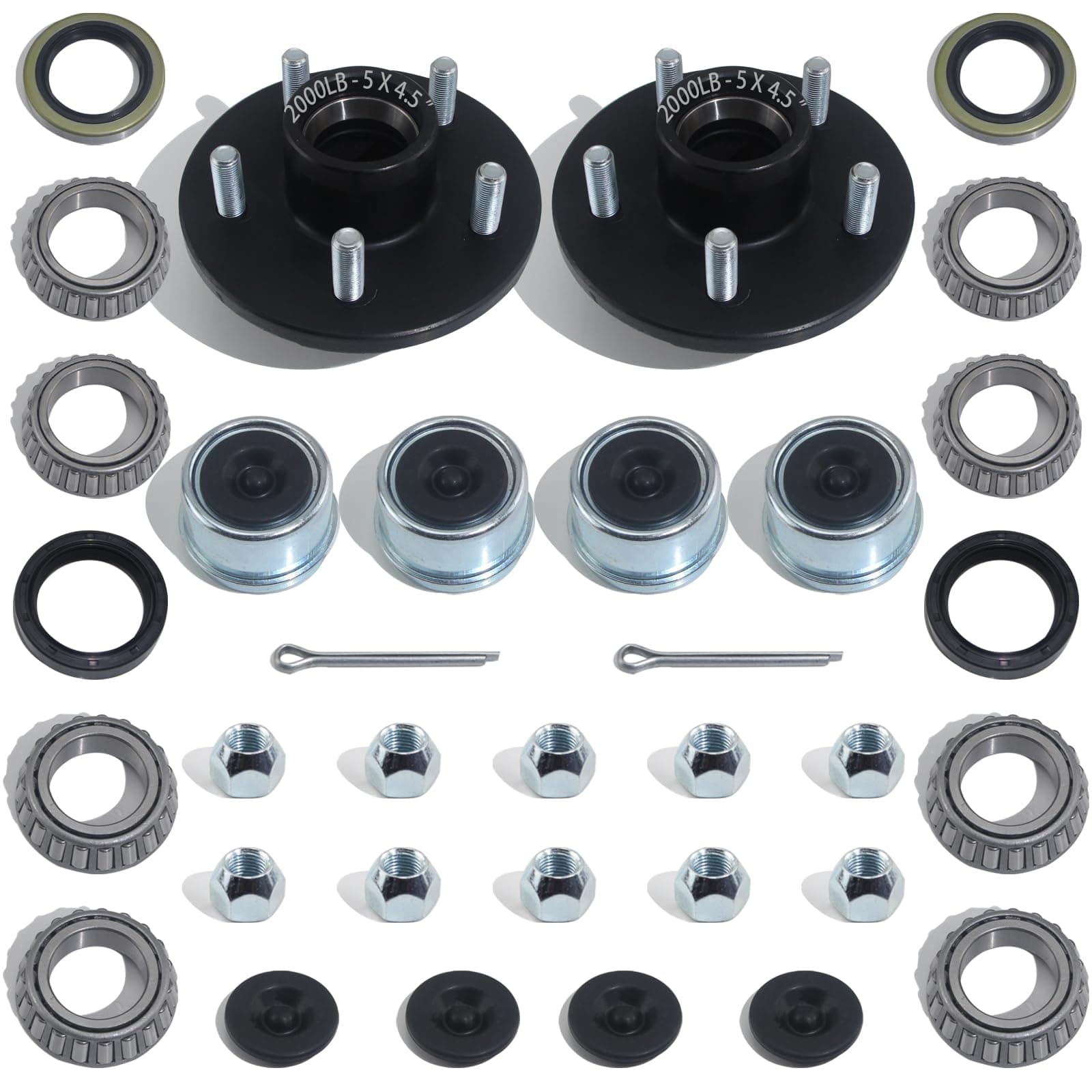 2 Sets Trailer Hub Kit 5 Bolt 4.5, Trailer Axle Kit for 2000 lb 5 Lug Trailer Hub Fits 1" and 1-1/16" Spindle with Extra Dust Cap and Rubber Plug