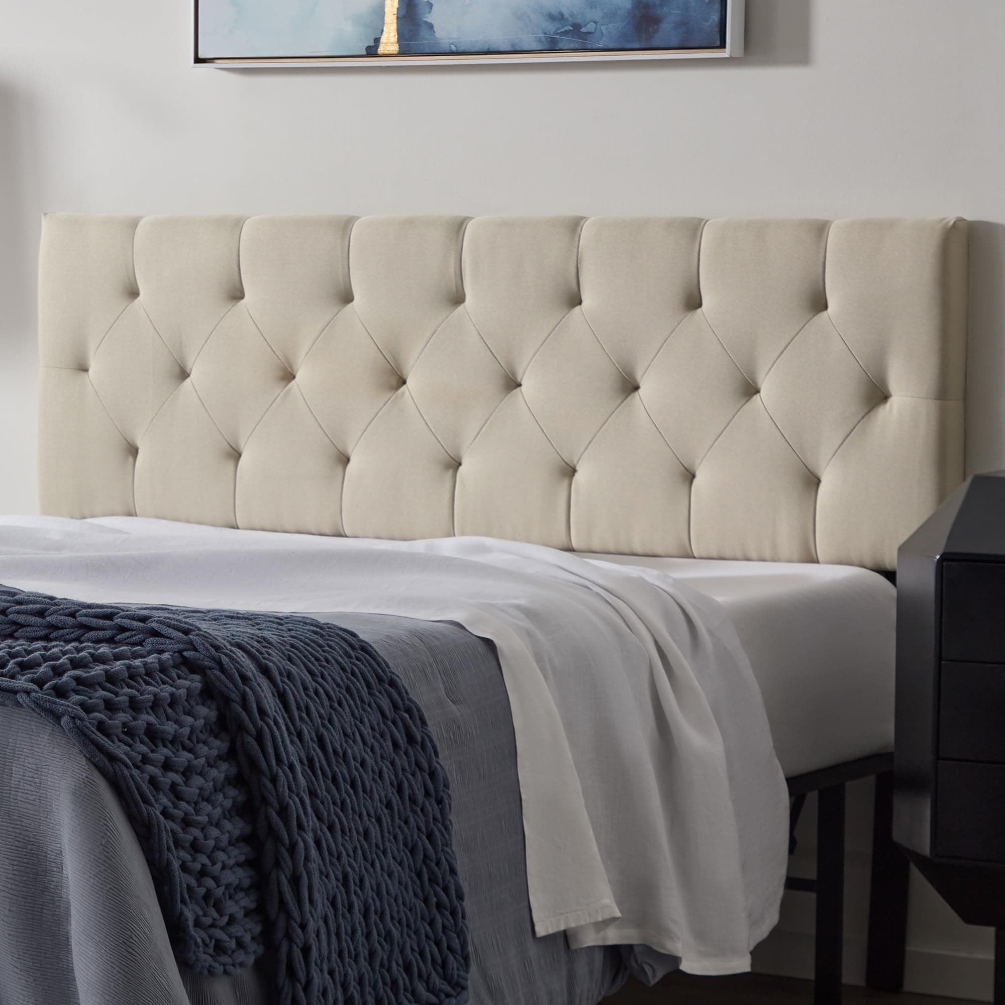 LUCIDMid-Rise Upholstered Headboard - Diamond Tufted - Padded Polyester - Adjustable Height from 34” to 46” - Easy Assembly - Bed Frame or Wall Mount - Sturdy - Pearl - Queen Size