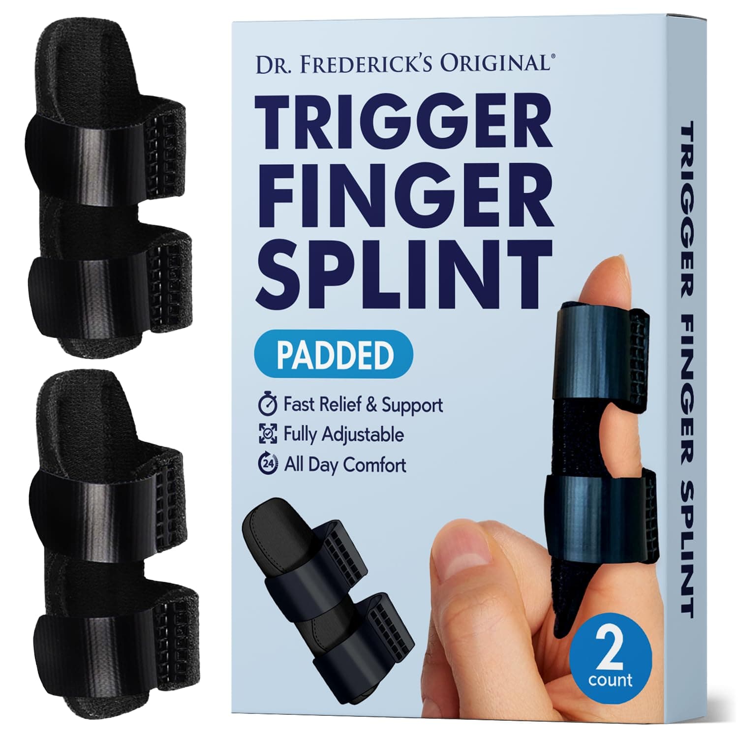 Dr. Frederick's Trigger Finger Splint - 2 ct - HSA/FSA - Index, Middle & Ring Fingers - Padded Brace for Arthritis, Mallet Finger, Tendonitis - Adjustable, Doctor-Developed - Regular Black