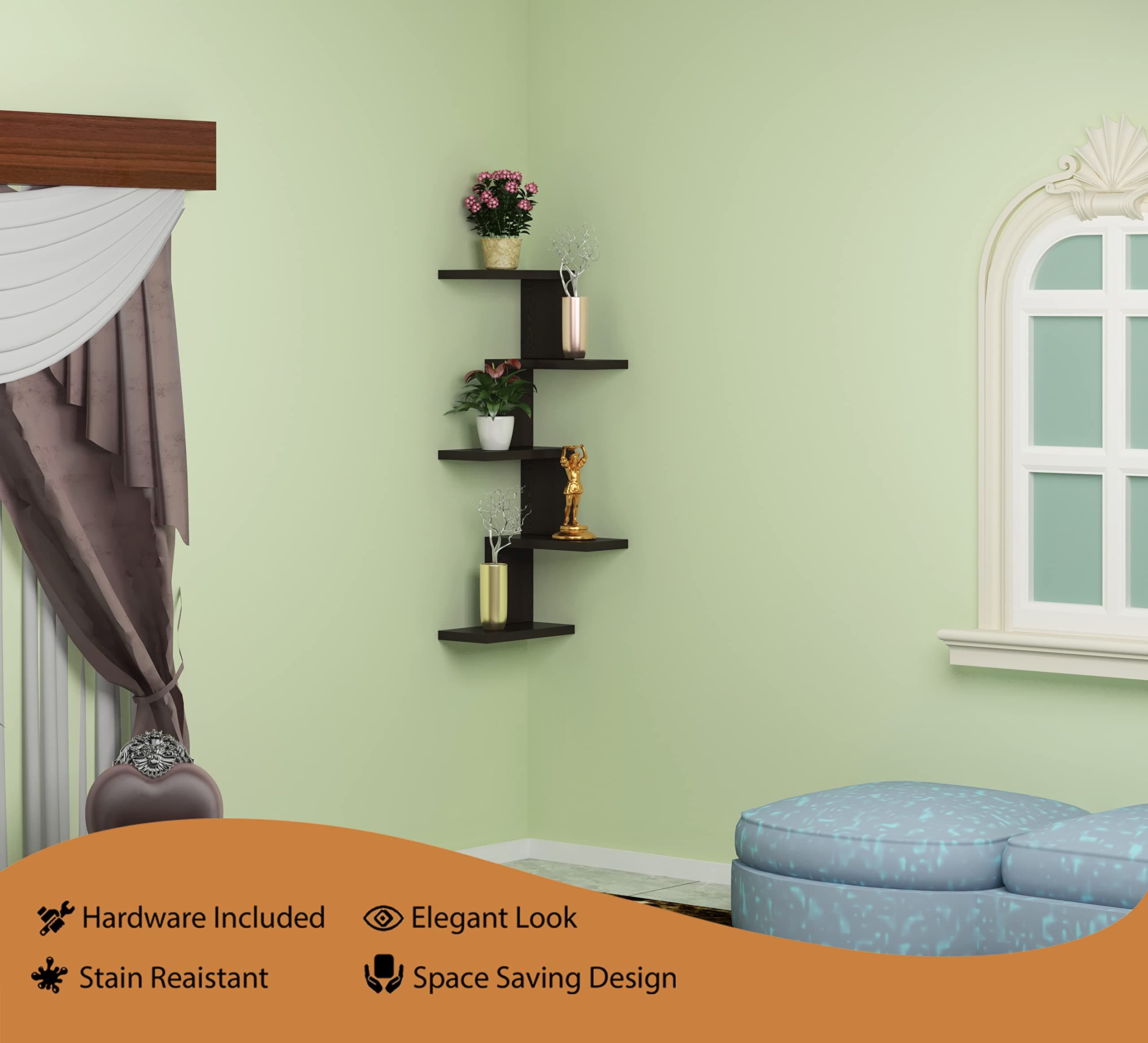 DAS Rikard Engineered Wood Wall Mount Corner Shelf Display Rack Unit for Living Room- Flowery Wenge