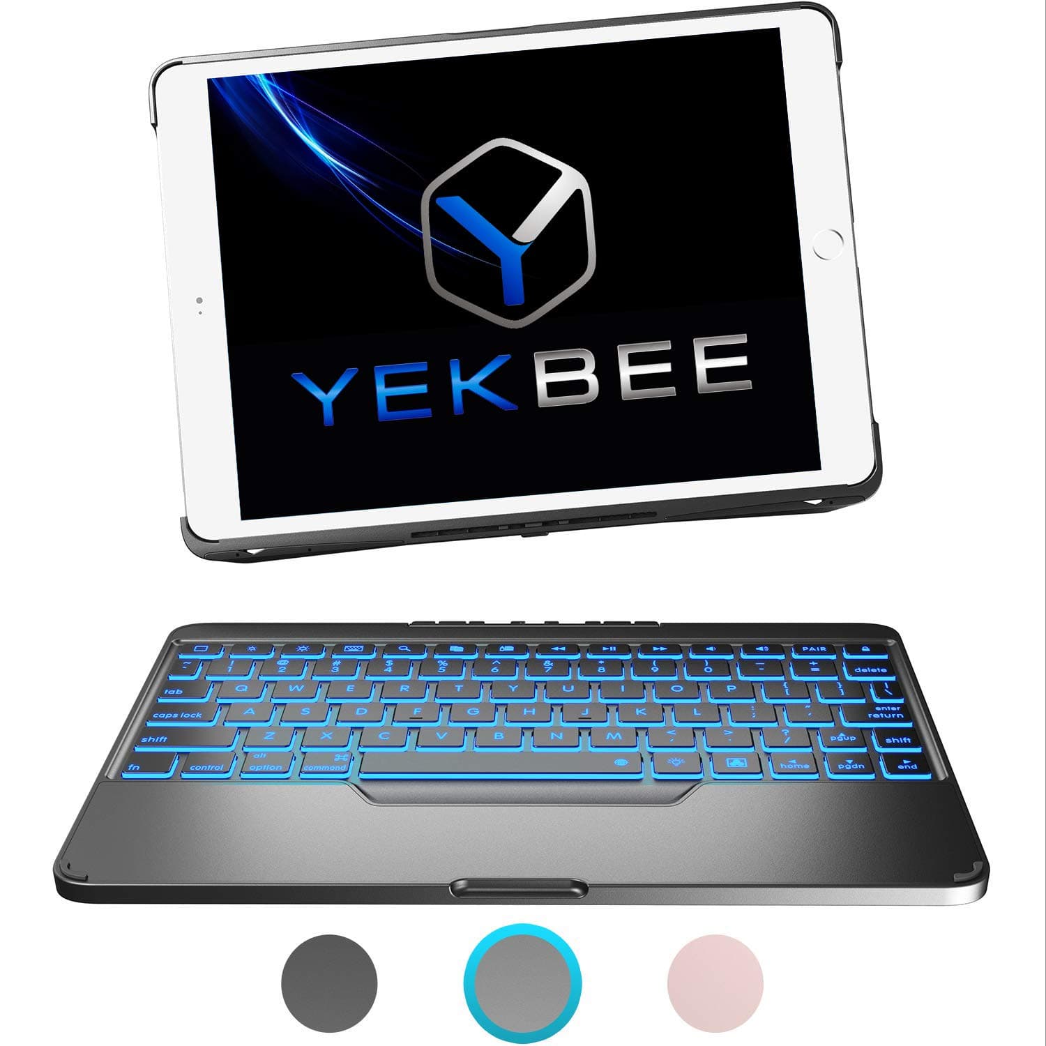 iPad Keyboard Case for iPad 2018 (6th Gen) - iPad 2017 (5th Gen) - iPad Pro 9.7 - iPad Air 2 & 1 - Thin & Light - Detachable - Aluminum - Wireless/BT - Backlit 7 Color - YEKBEE Modbook (Space Gray)