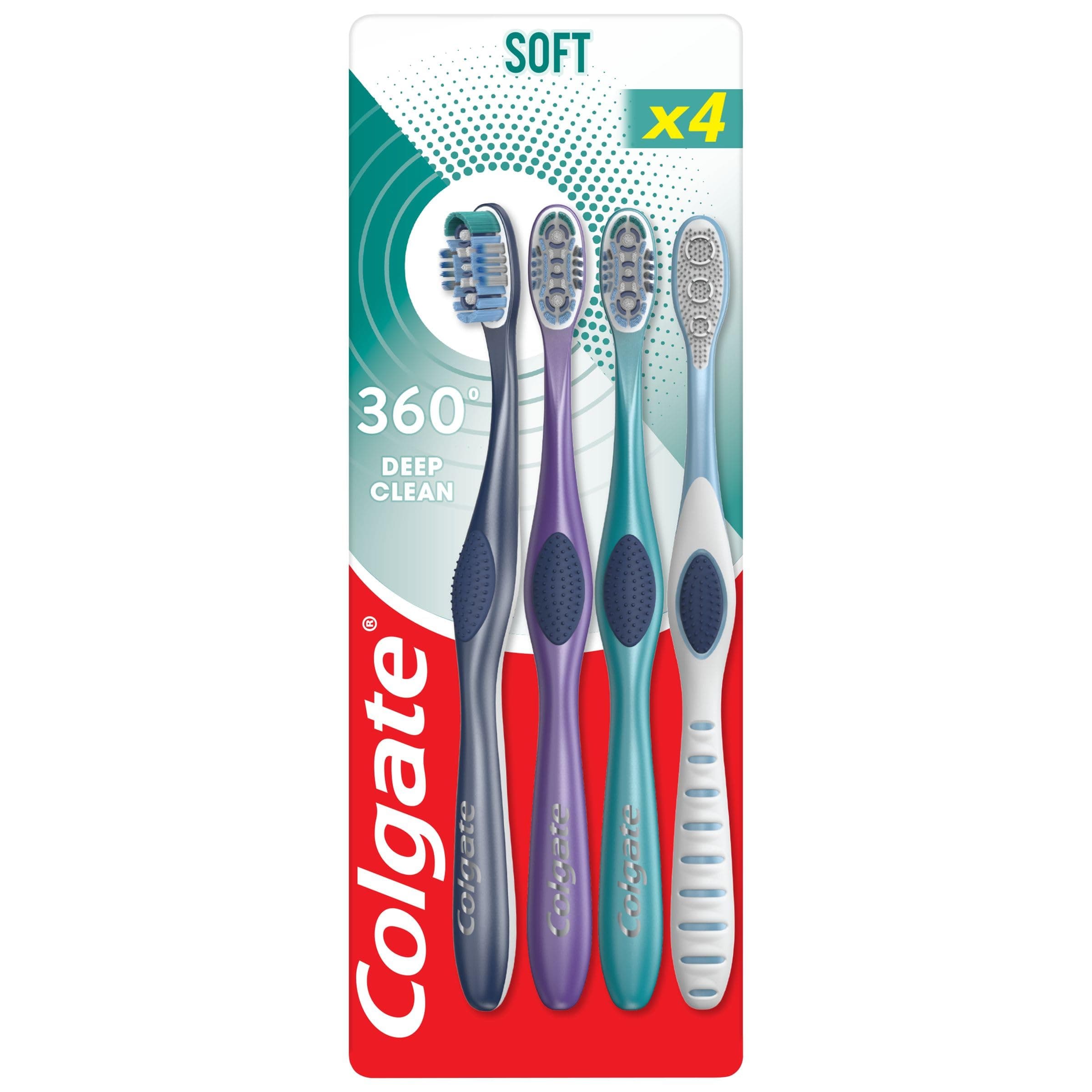360 Deep Clean Soft Toothbrush 4 Pack - removes Bacteria from Teeth, Tongue, Cheeks and Gums - interdental bristles Clean Between Teeth - polishing Cup Remove Plaque - Antibacterial bristles*