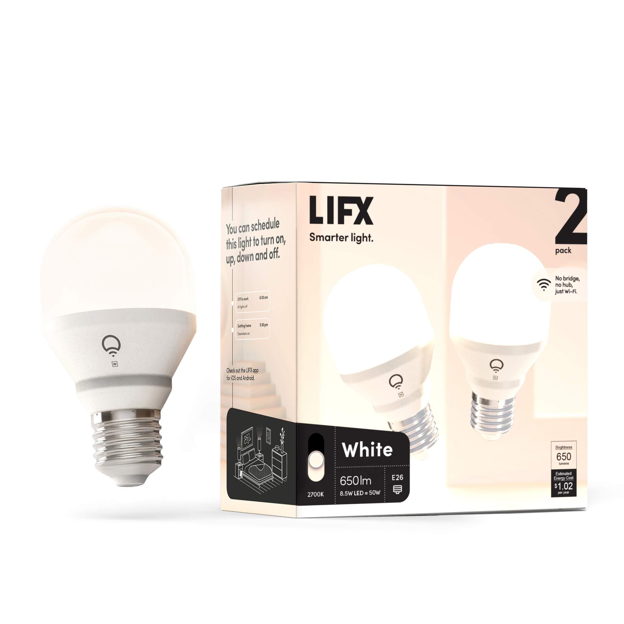 White, A19 Wi-Fi Smart LED Light Bulb, Warm, Dimmable, No Bridge Required, Works with Amazon Alexa, Hey Google, Apple HomeKit (2 Pack)