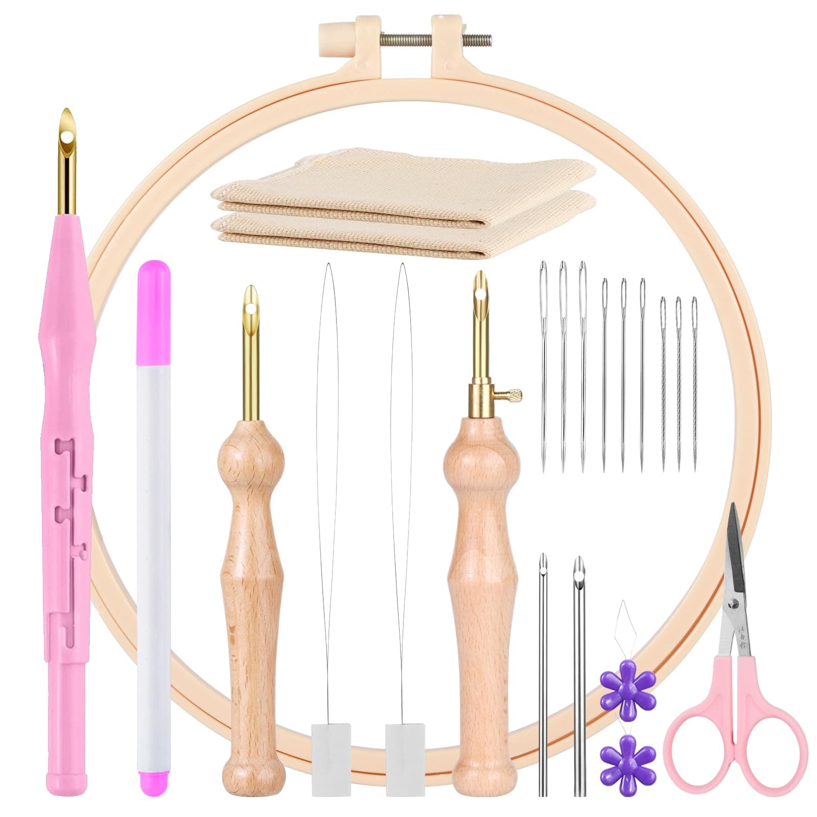 MSDADA 21PC Punch Needle Kit, Adjustable Punch Needle Tool, Wooden Handle Embroidery Pen Kits, Hoops, Cloth, Punch Needle Set Adults Beginner for DIY Craft, Perfect for Decoration and Gifts（Pink）