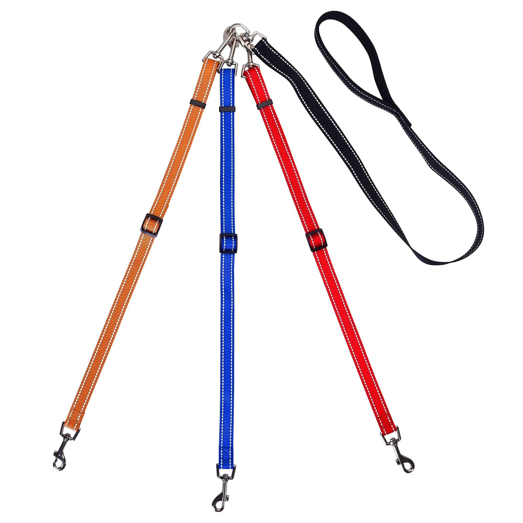 3 Way Dog Leash Reflective Adjustable Coupler No Tangle Detachable 3 in 1 Multiple Dog Leash with Soft Padded Handle for 1 2 3 Dog Pet Cat Puppy Walking Training (3 Way Multi-Color)