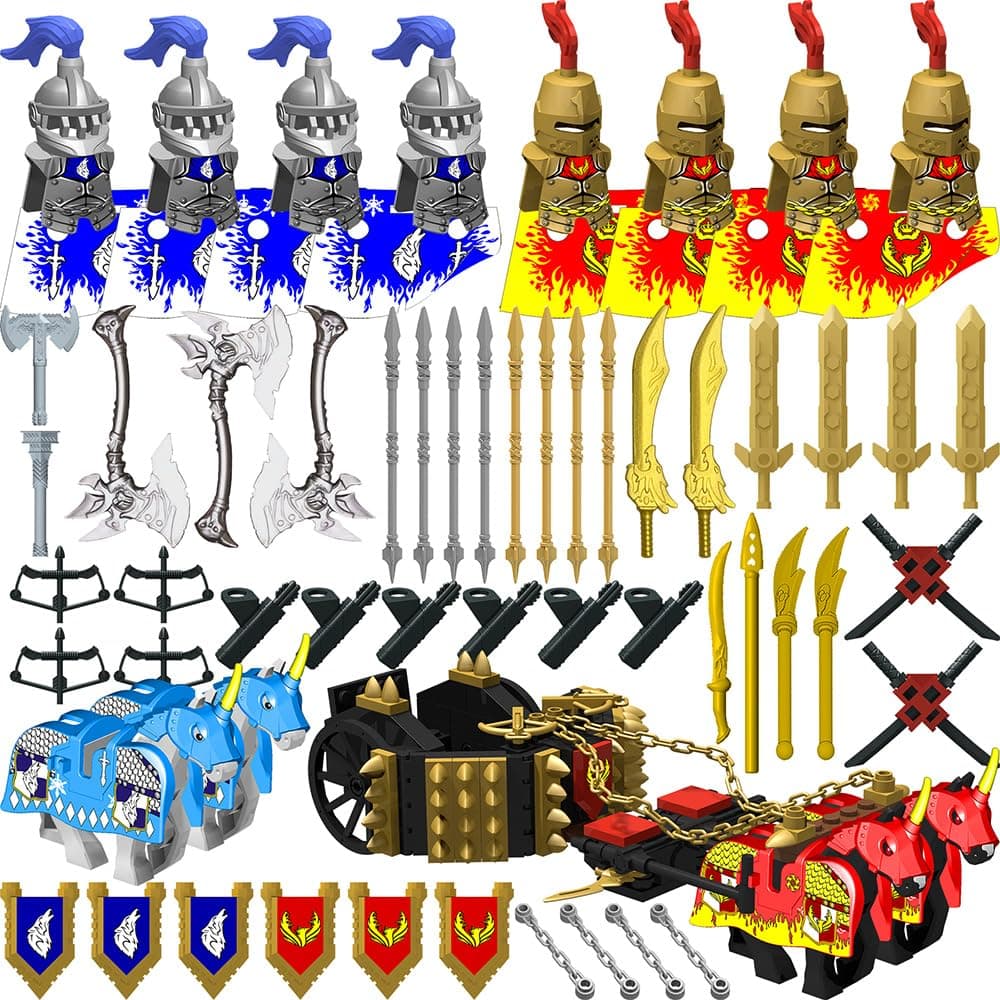 Weapon Pack for Minifigures Accessories Kit Knight Weapons Set Include Horse Carriage Barding Armor Helmet Shield for Ages 5+ Compatible with All Major Brands (Medieval Weapon)