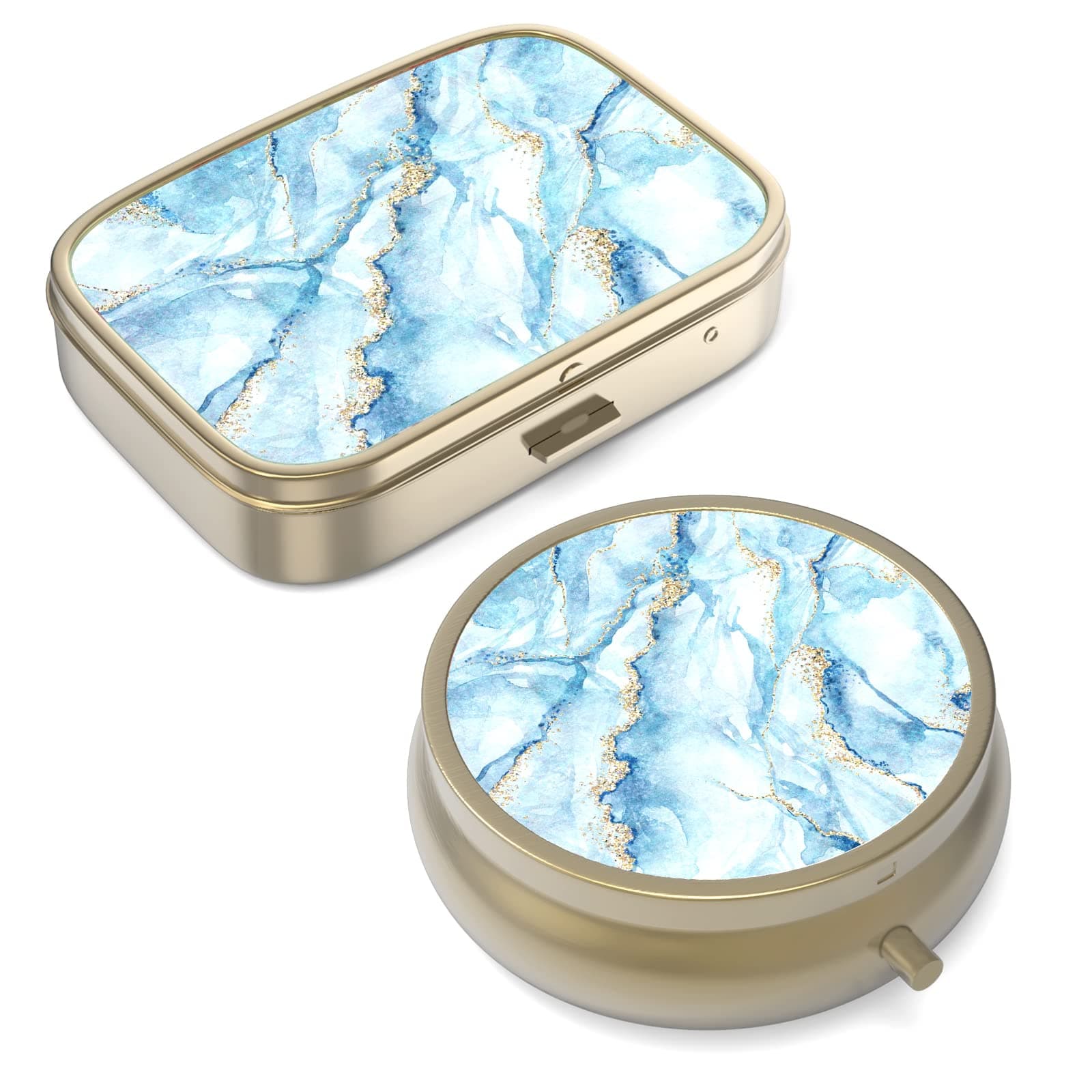 Pill Case Pill Box with Mirror Retro Small Pill Case for Purse or Pocket Bronze Pill Box or Vitamins, Fish Oil, Supplements, Pill Containe Travel Gifts(2PCS)
