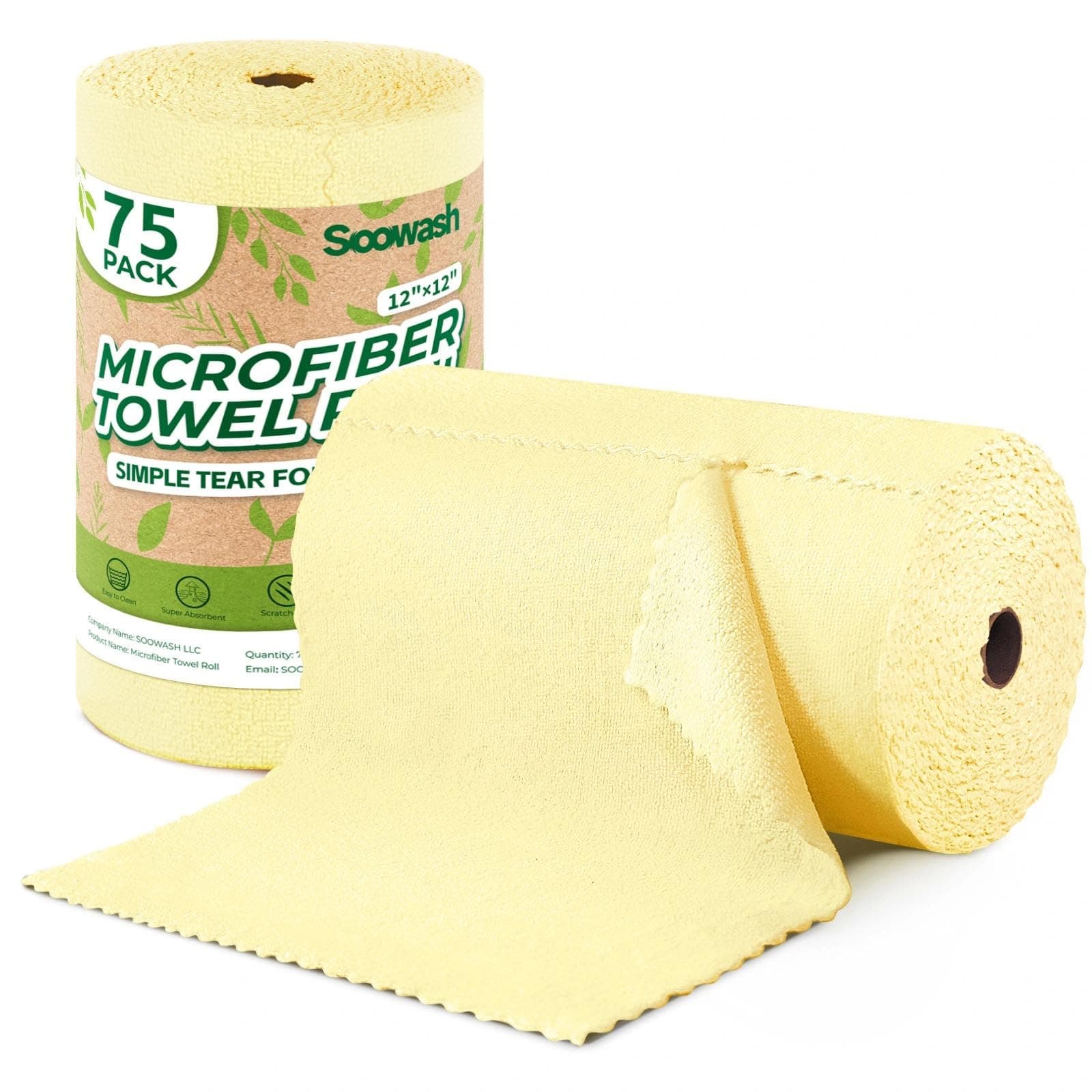 Microfiber Cleaning Cloths Roll, 75 Pack Tear Away Microfiber Towels Roll, 12" x 12" Lint Free Rags, Reusable Cleaning Cloths, Washable, Scratch Free,Ultra Absorbent Dish Rags(Yellow)