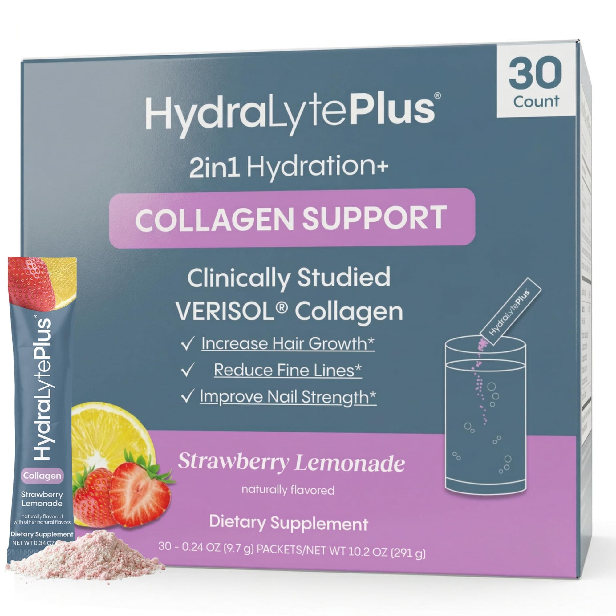 Hydralyte Verisol Collagen Packets with Electrolytes, Hydration Packets with Collagen for Women and Men, Electrolytes Powder with Collagen for Travel and Daily Hydration with Vitamin C (30 Count)