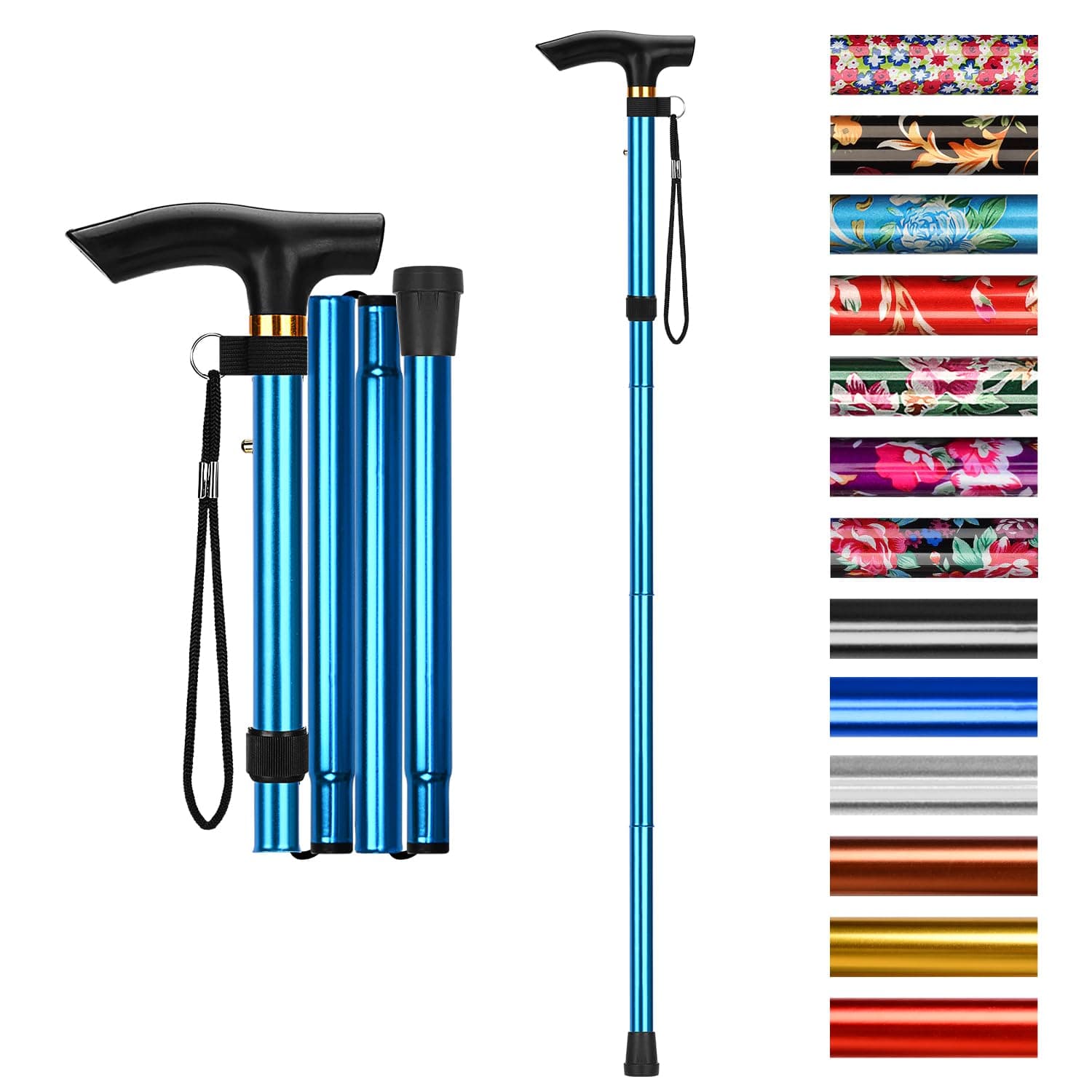 supregear Folding Cane, 5-Level Adjustable Height Walking Stick Lightweight Portable Cane Travel Cane with Wrist Strap and T Handle for Elderly Disabled Men Women, Blue