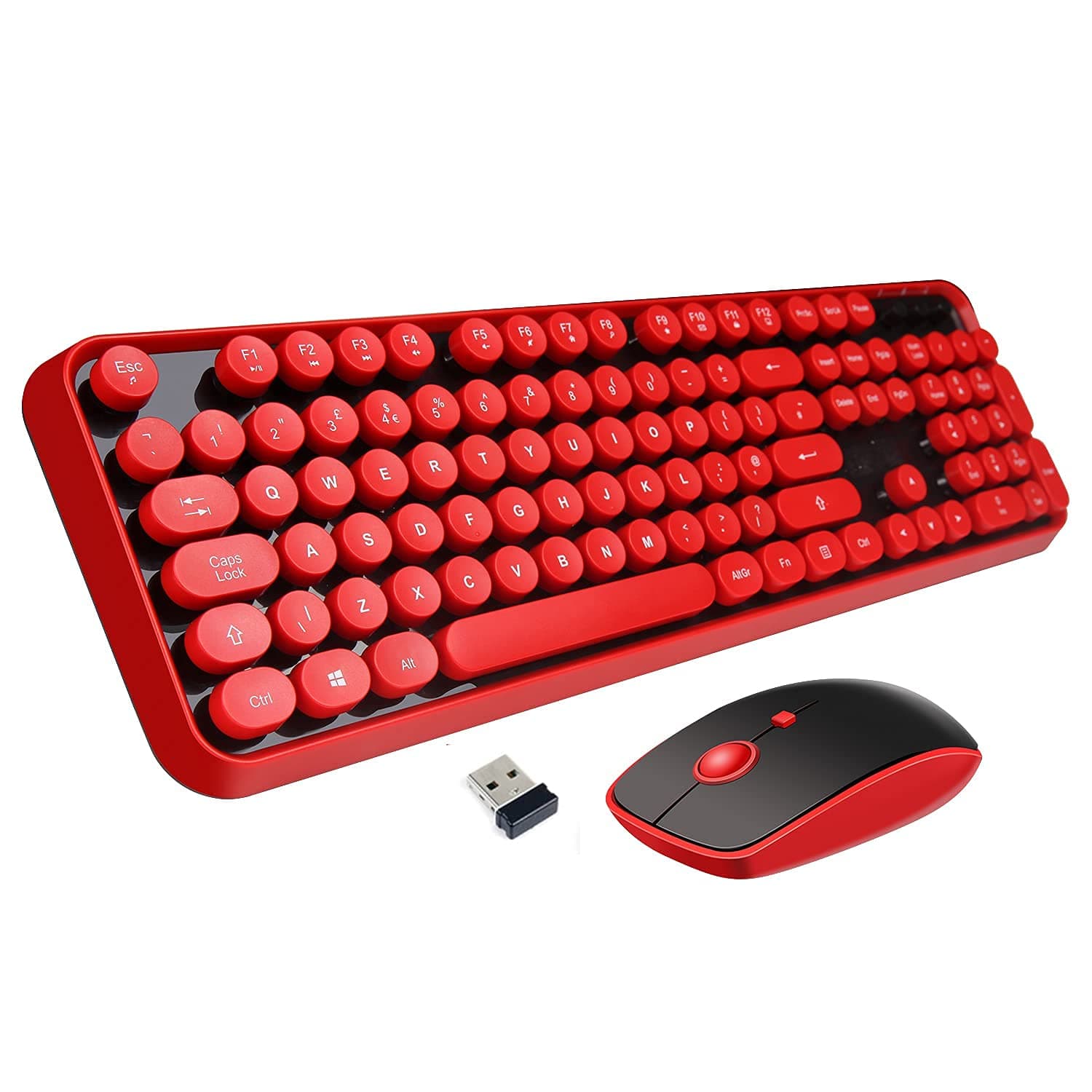 Wireless Keyboard and Mouse Combo, Retro Typewriter Style Red Keyboard with 104 Round Keys, Cute Bubble Round Keycaps, 2.4GHz Clicky Creamy Sounding Keyboard & 3 DPI Mouse for PC Laptop Desktop Gaming