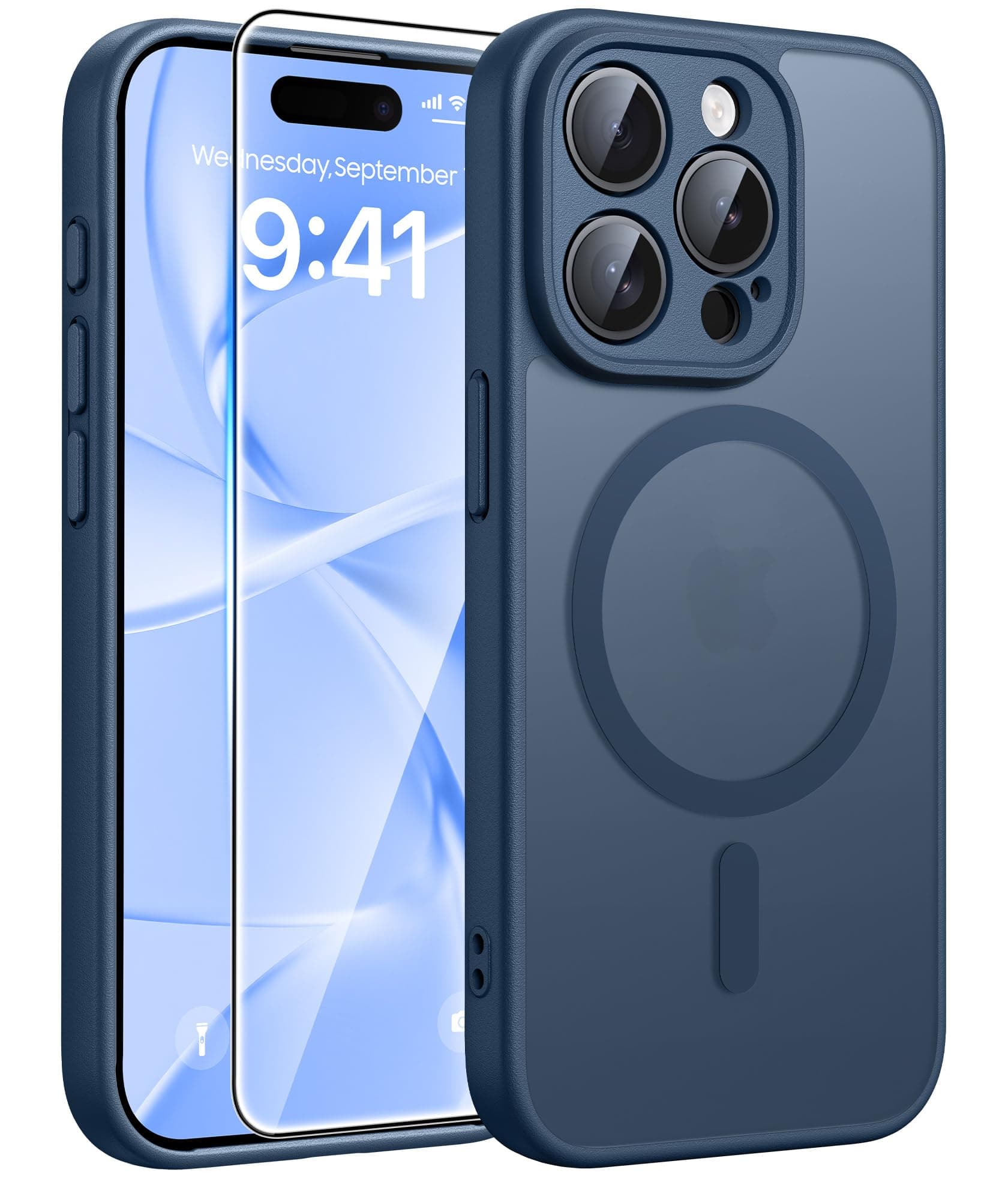 FNTCASE for iPhone 15 Pro Max Case: [Compatible with Magsafe] Translucent Matte Cases with [Full Camera Protection] [Screen Protector] Military Grade Shockproof Protective Phone Cover - Blue