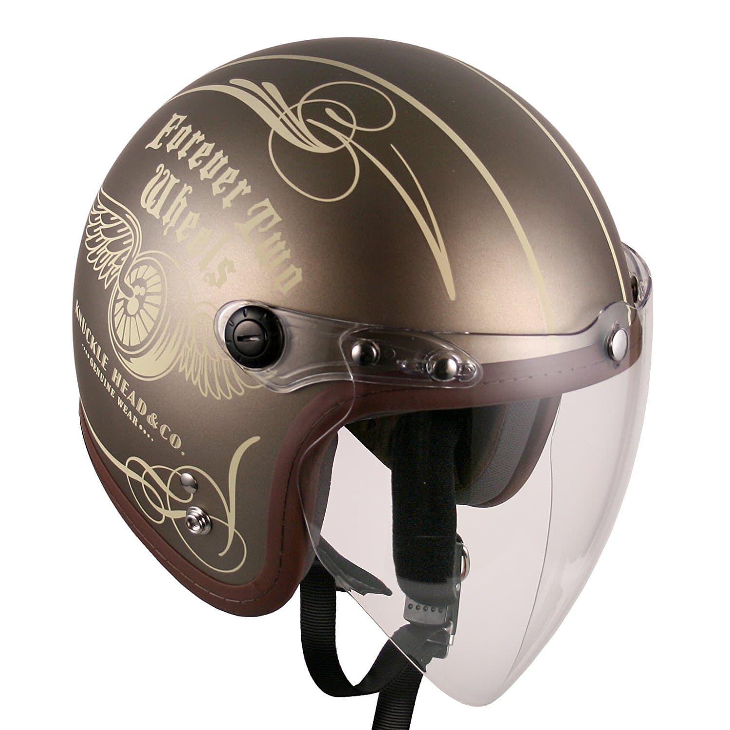 (F4 Jet-include Shield) Motorcycle Scooter Open Face 3/4 Three Quarter Jet Helmet Vintage Retro Style Helmets (Bronze Color (Two Wheel Decal))