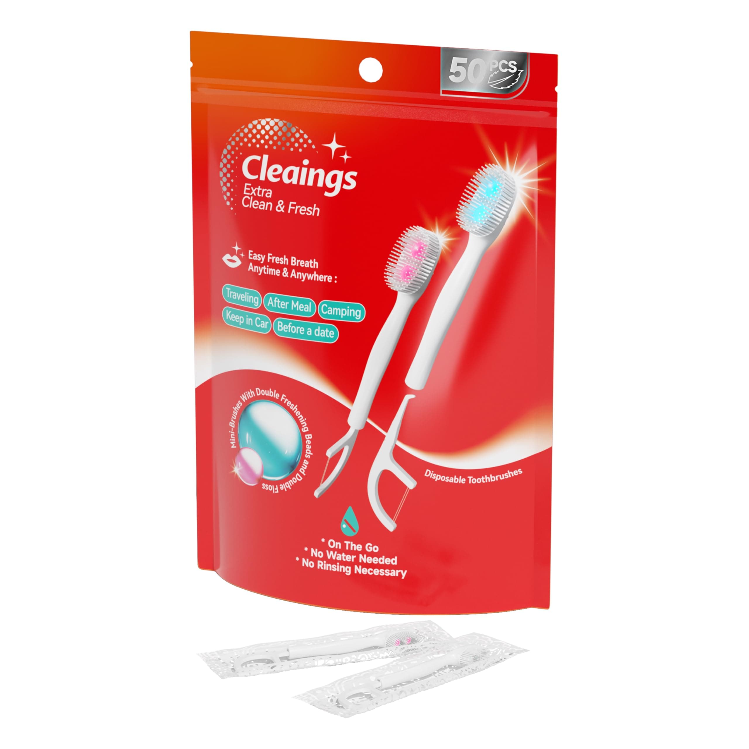 cleaings® Disposable Toothbrushes with Double Cleaning Beads Toothpaste and Clean Floss Picks for Work or Travel - 50 pcs-Mix Flavor(Pack of 1)
