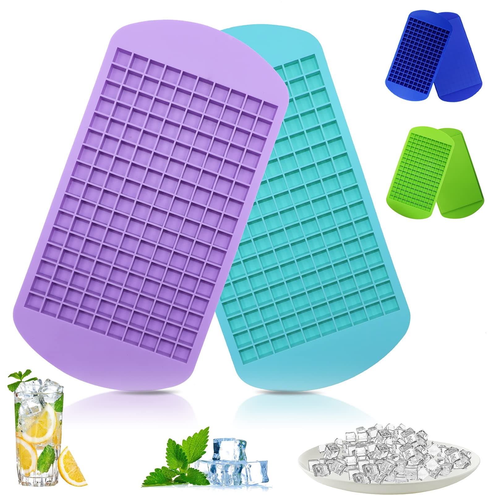 Silicone Mini Ice Cube Trays 2 Pack, 160 Small Ice Cube Molds Easy Release Crushed Ice Cube for Chilling Whiskey Cocktail, BPA Free Flexible Stackable and Durable Soft Mold Storage Containers