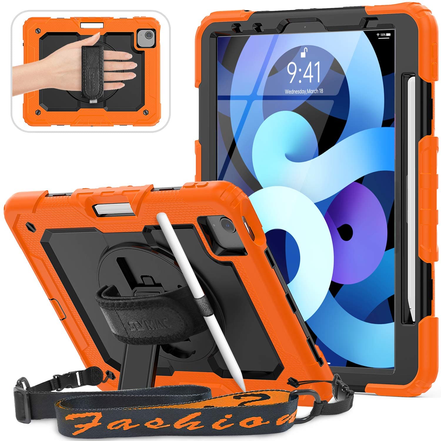 SEYMAC Case for iPad Air 5th/4th Generation 10.9 inch, for iPad Pro 11 inch, Heavy Duty Pro 11 Case With Screen Protector/Hand Strap/Shoulder Strap/Stand, Orange