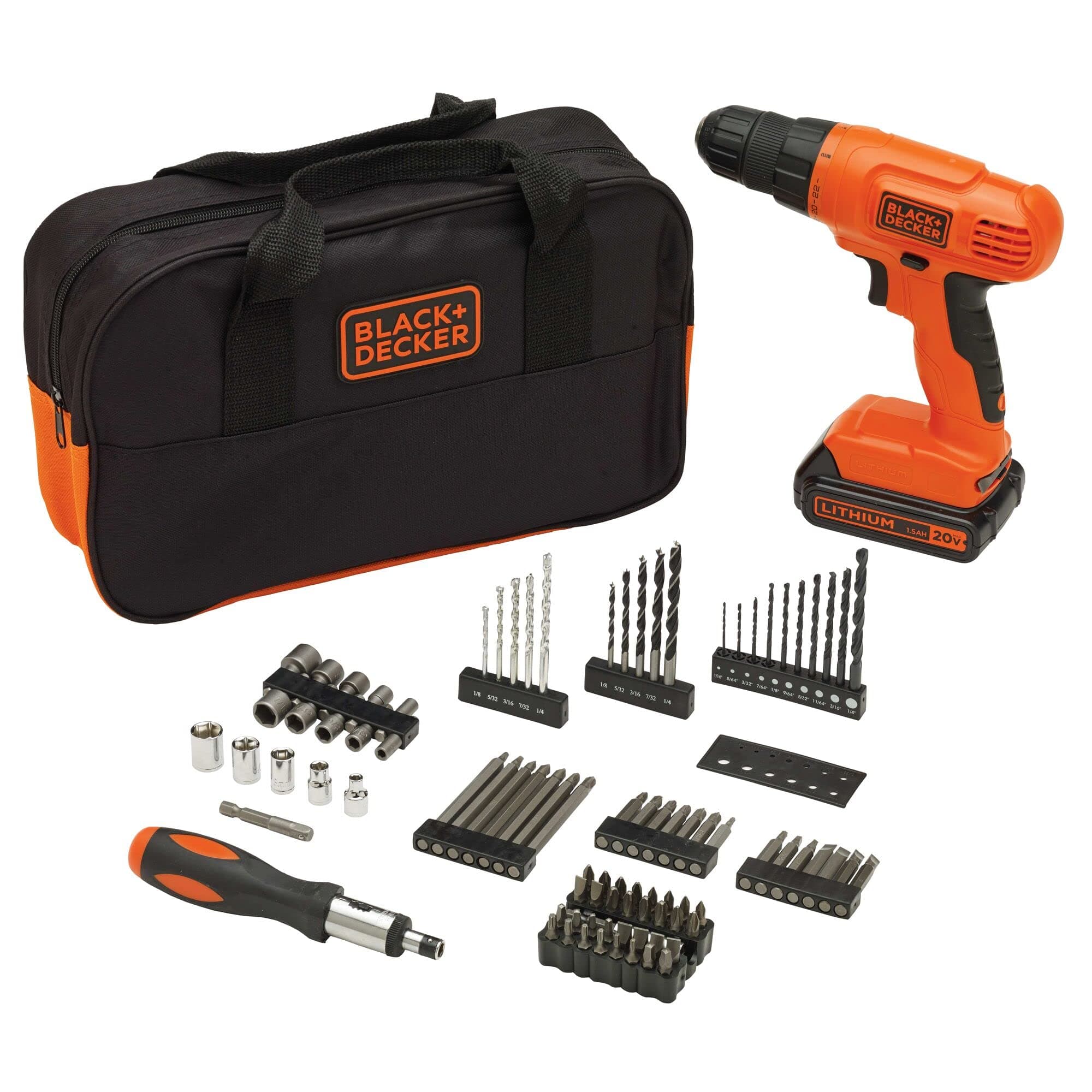 20V MAX* POWERCONNECT Cordless Drill Driver Kit with Drill Bit Set and Sockets, 100 pc. Tool Kit for Home, Battery and Charger Included ,Orange (BDC120VA100)