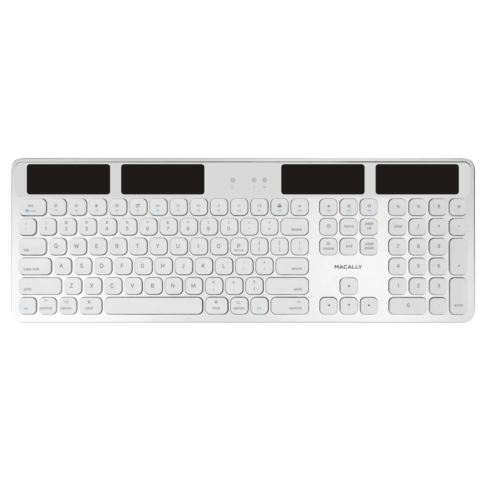 Macally Bluetooth Wireless Solar Keyboard for Mac - Rechargeable via Any Light Source (150 hr Battery Life) - Mac Wireless Keyboard with Numeric Keypad & 21 Apple Shortcuts - Silver Aluminum