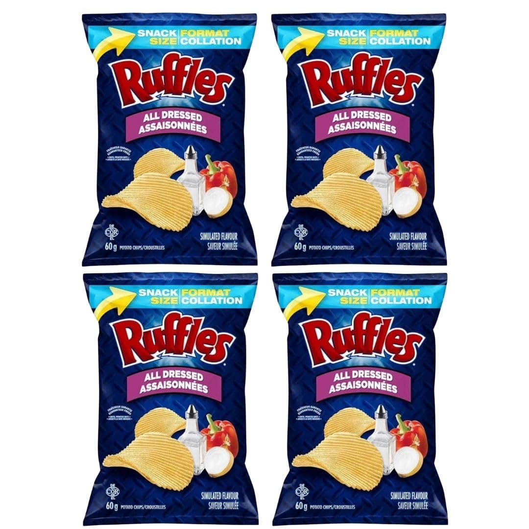 Ruffles All Dressed Potato Chips, 60g/2.1 oz (Pack of 4) - Gluten Free, Lactose Free, Vending Machine, Canadian Snack, Shipped from Canada
