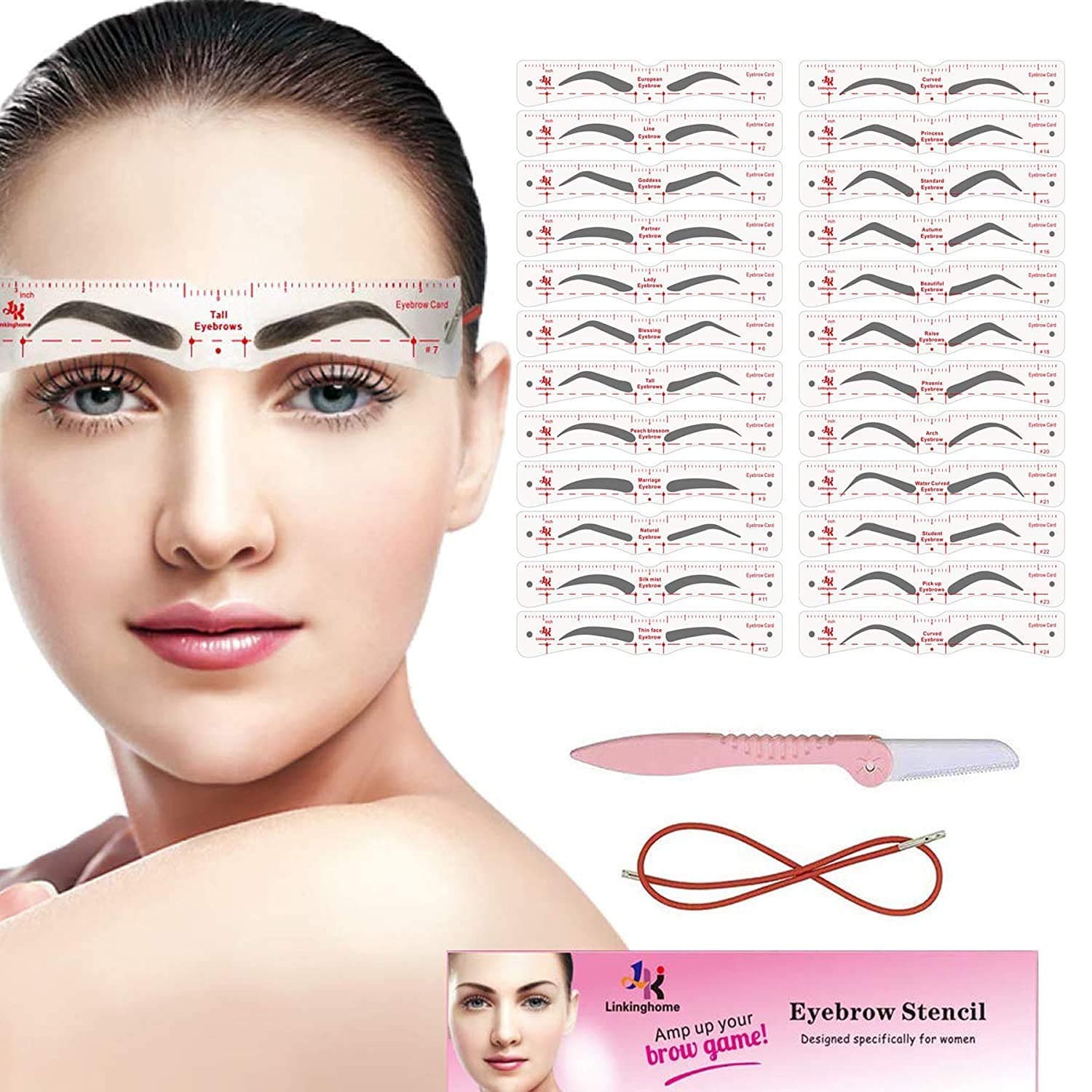 Linkinghome Eyebrow Stencil, 24pcs, Reusable Eyebrow Template With Strap, 3 Min Makeup Tool For Eyebrows