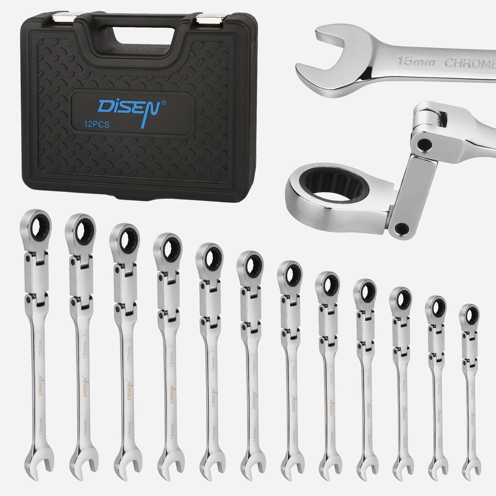 12pcs Ratchet Wrenches Set Flex-Head, Extended Double Joints Long Metric Wrench Sets 8-19mm, Open End and Flexible Ratcheting Combination Wrench Set with a Box, 72-Teeth, Cr-V Steel,12 Point