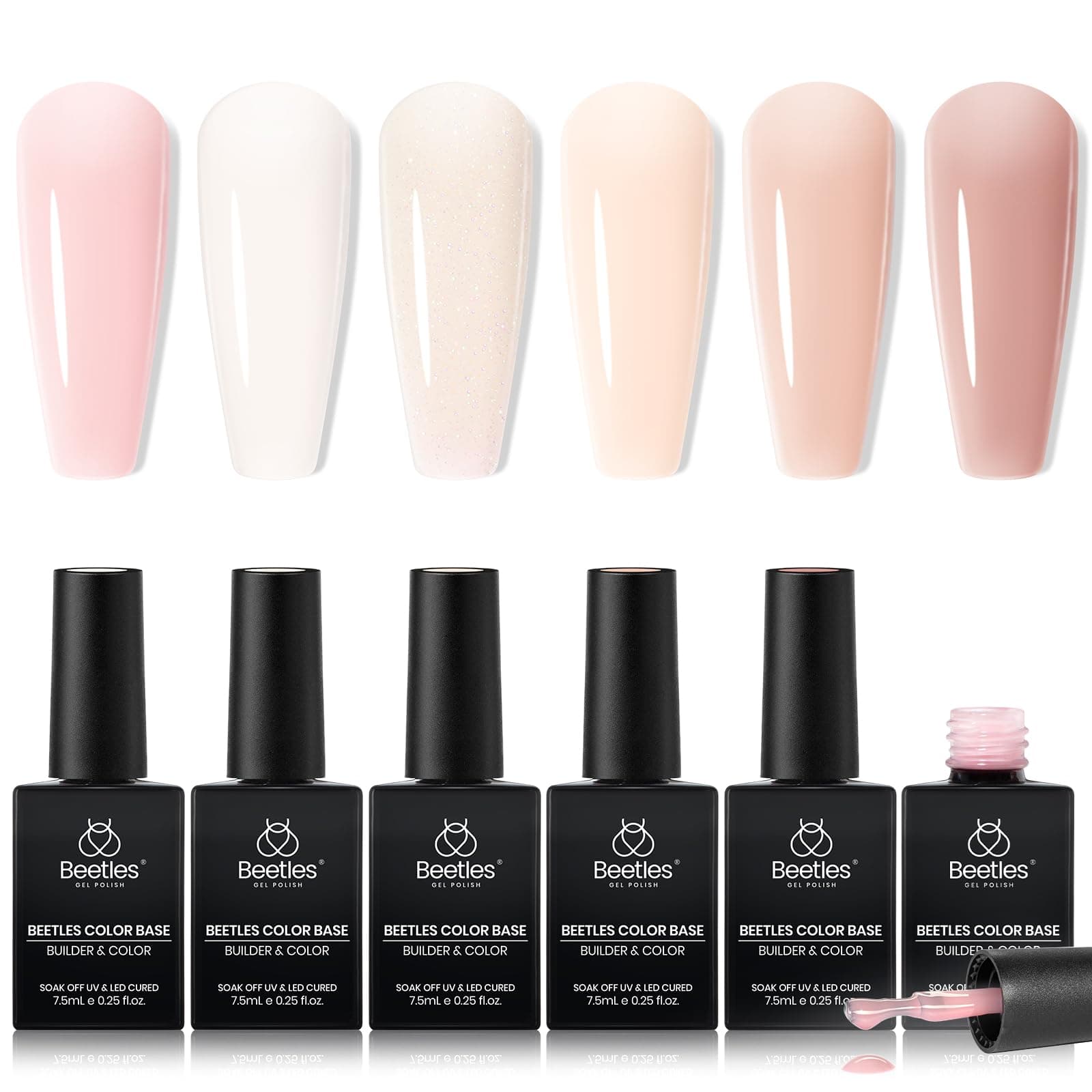 beetles Gel Polish Beetles Rubber Base Gel For Nails 6 Pcs, Builder Nail Aesthetic Nude Colors Pink Gel Polish U V LED Lamp Cure Strengthener Gel All-in-1 Gift