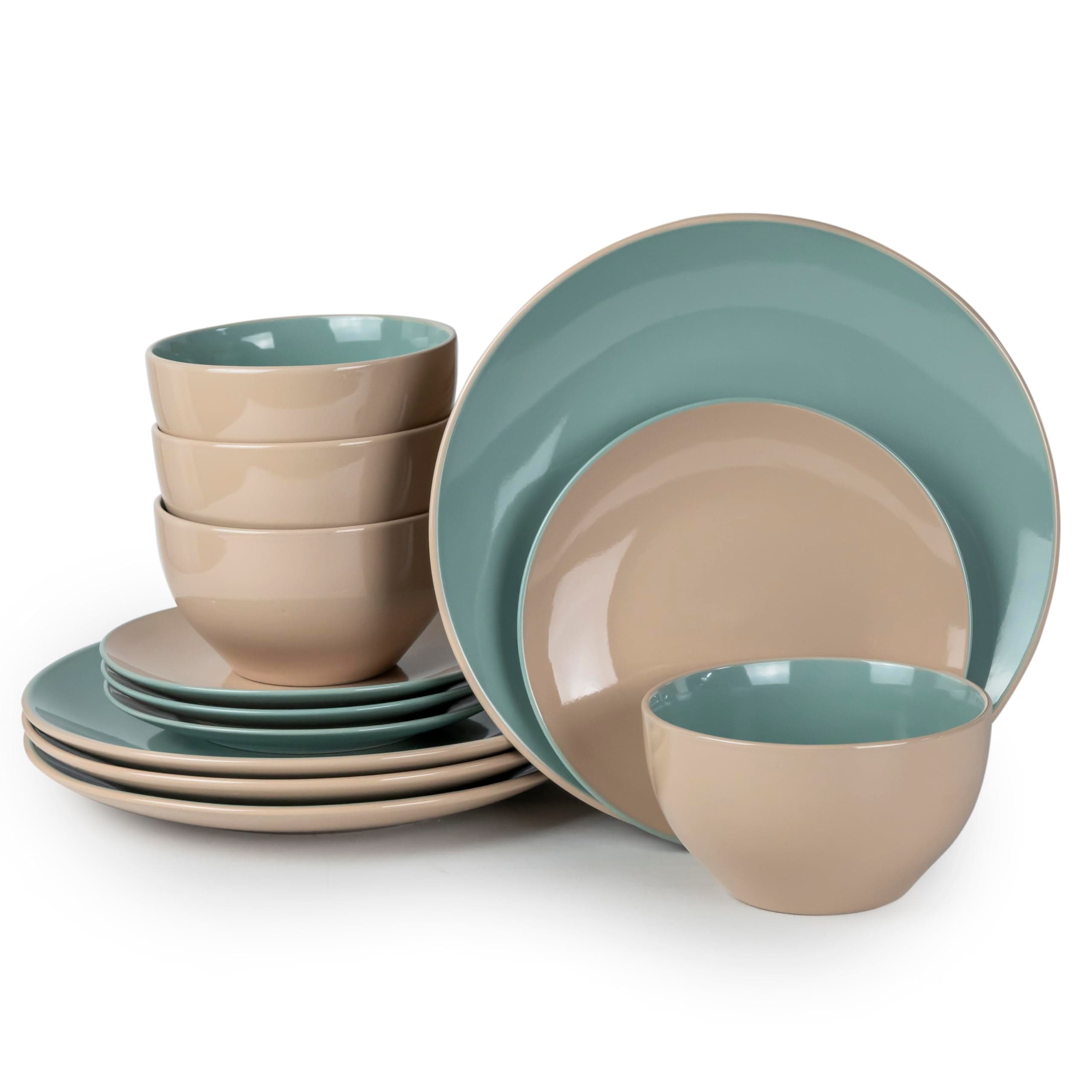 Bone China Shallow Moire 12-Pieces Stoneware Dinnerware Set, Dinner Set, Kitchen Dinnerware Ceramic Crockery Set, Dinner Service Set for 4, 26cm Dinner Plate, Side Plate, Cereal Bowl, Two color