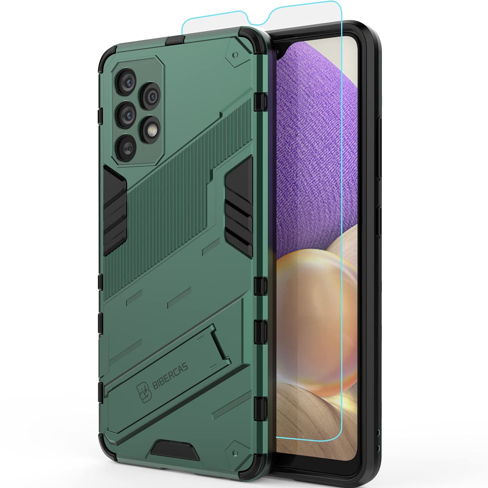 Vinve for Samsung Galaxy A32 4G Case with Screen Protector, [Not Fit for Samsung A32 5G], Cyberpunk Design [Two-Way Stand] [Military Grade] Protective Case (Blackish Green)