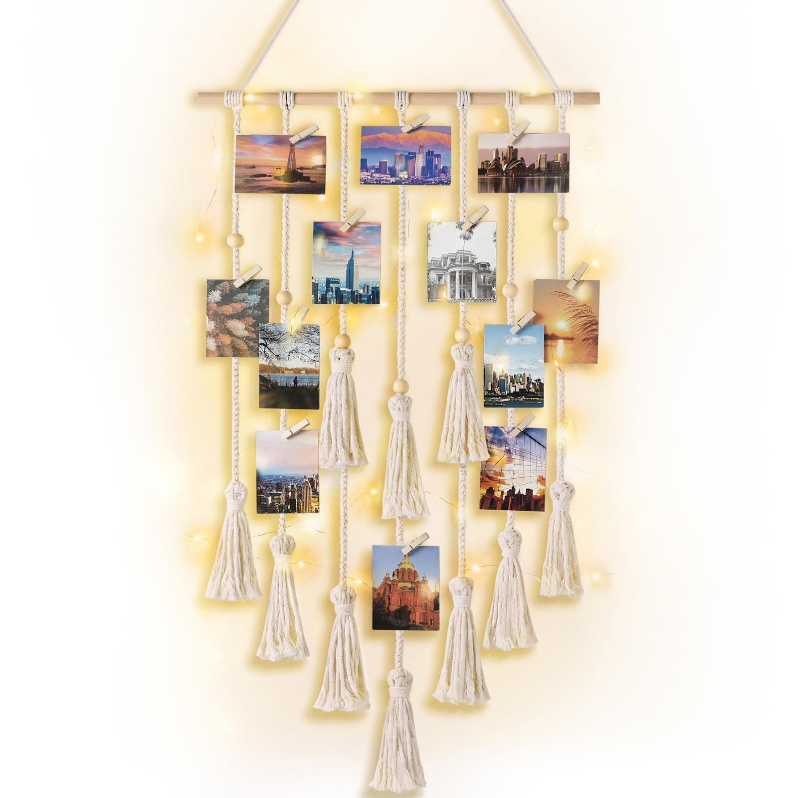 Mkono Hanging Photo Display Boho Macrame Wall Decor with Light, Teen Girl Teenage Gifts, Pictures Cards Frame Holder Art Hanger for Christmas Birthday Party Bedroom Dorm, with 30 Wood Clips, Ivory