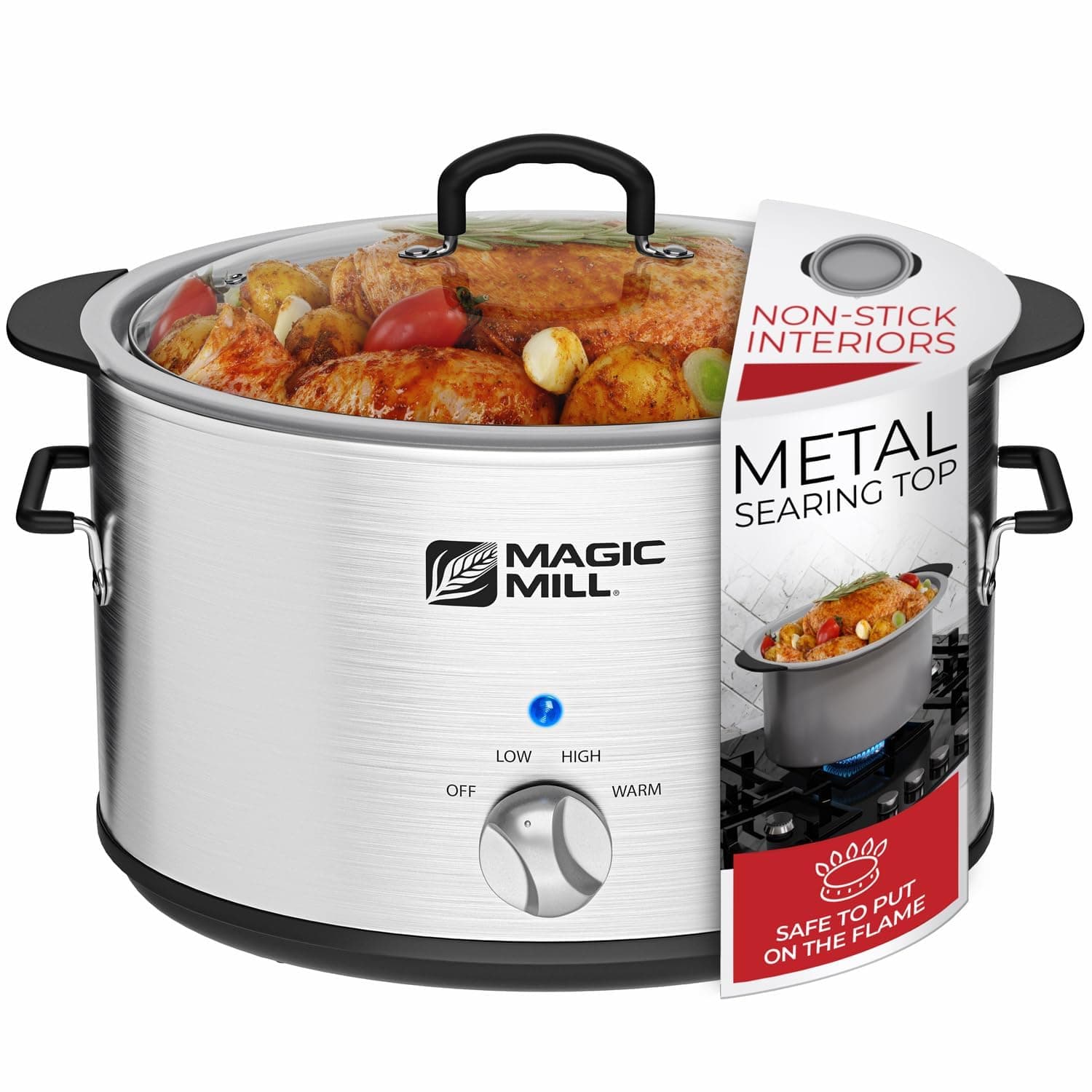 Magic Mill Extra-Large 10 Quart Slow Cooker with Metal Searing Pot & Transparent Tempered Glass Lid Multipurpose Lightweight Slow Cookers, Pot is Safe to Put The On The Flame