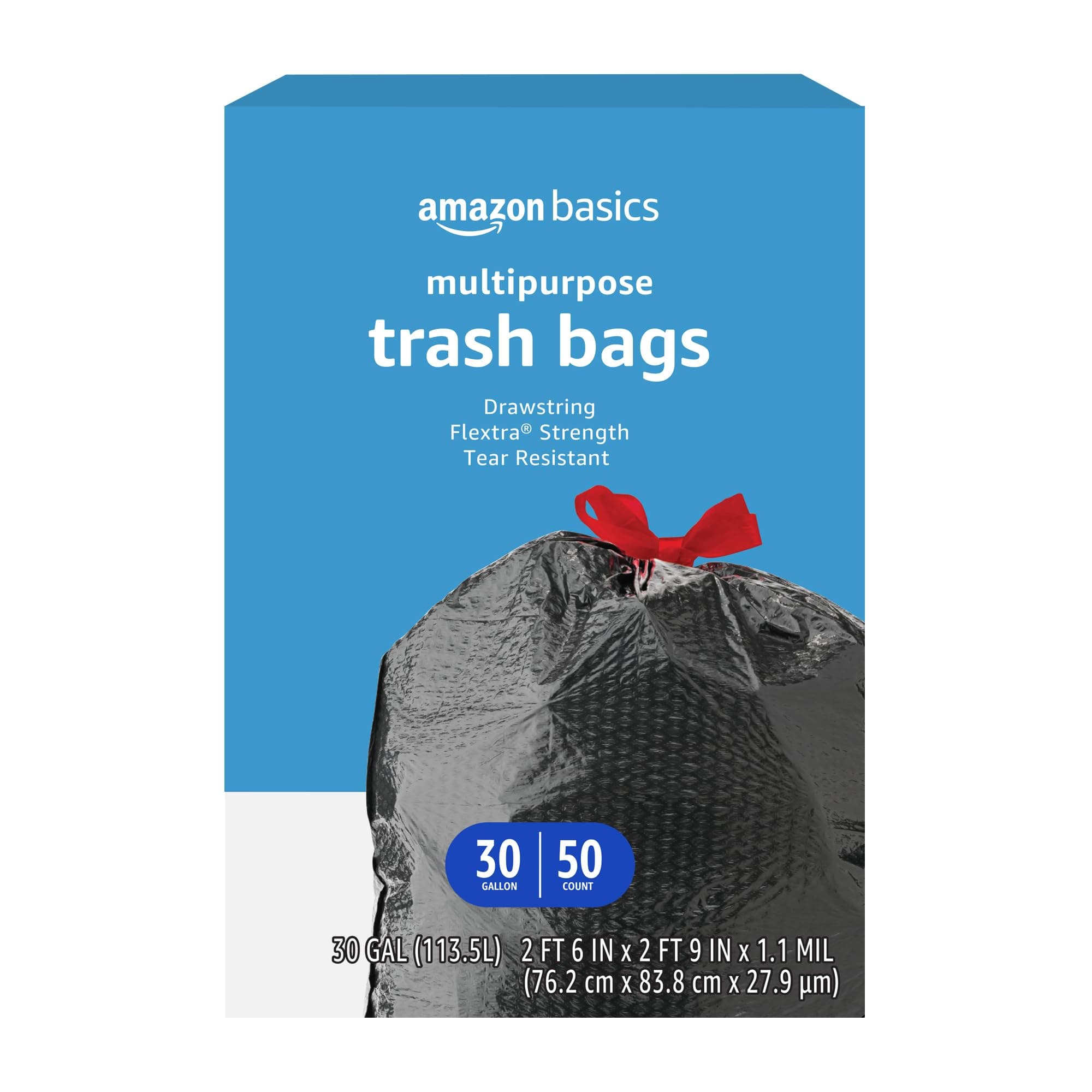 Amazon Basics Flextra Multipurpose Drawstring Trash Bags, 30 Gallon, 50 Count, Tear Resistant