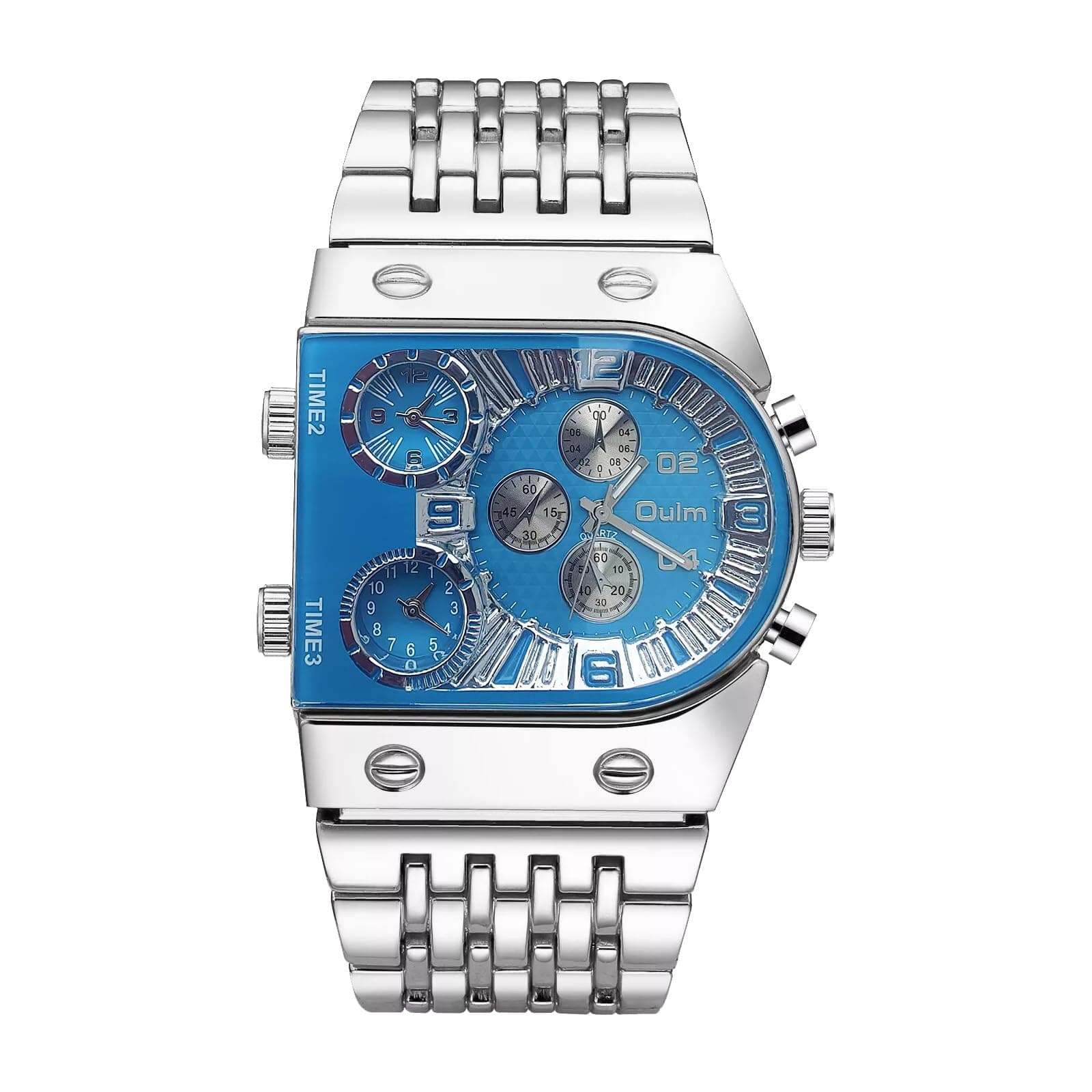 Men’s Luxury Rectangle Square Gold Silver Big Face Luminous Waterproof Quartz Watch Sports Multi-Time Zone Military Stainless Steel Male Dress Wristwatch