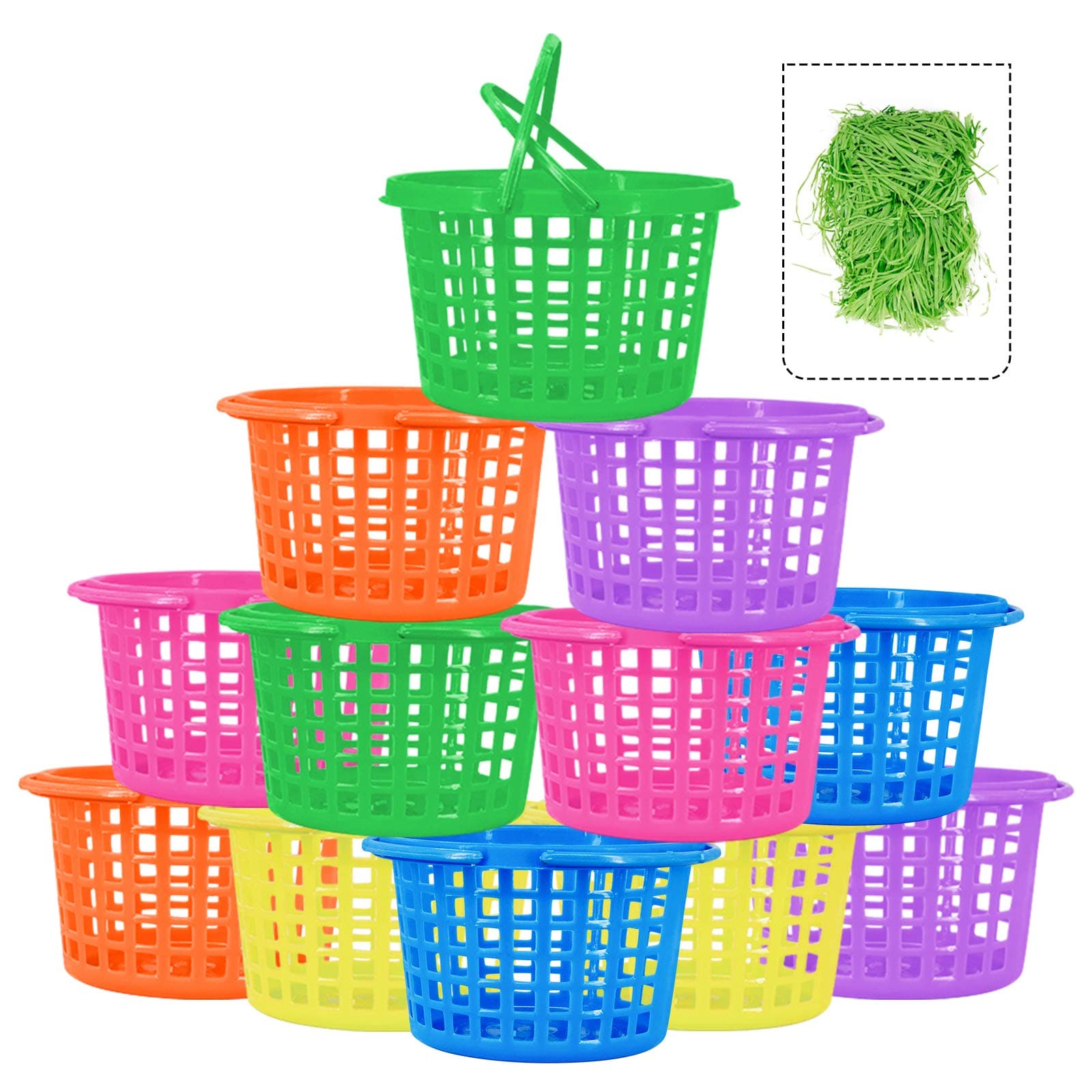 Ivenf Easter Plastic Round Basket 12 ct with 50g Paper Shred Easter Grass, Plastic Round Gift Basket Bulk for Halloween Trick or Treat, Hunt Games, Kids School Home Office Party Supplies Decorations