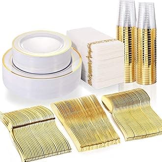 WDF Partyware 50 Guest Gold Plastic Plates with Disposable Cutlery& Gold Plastic Cups-Party Plates and Napkins sets for Wedding&Parties