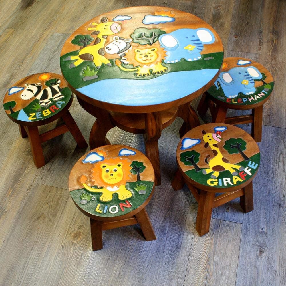 Shared Earth Children's Kid's Table & 4 Stools Set, Hand carved African Animals, Fair Trade