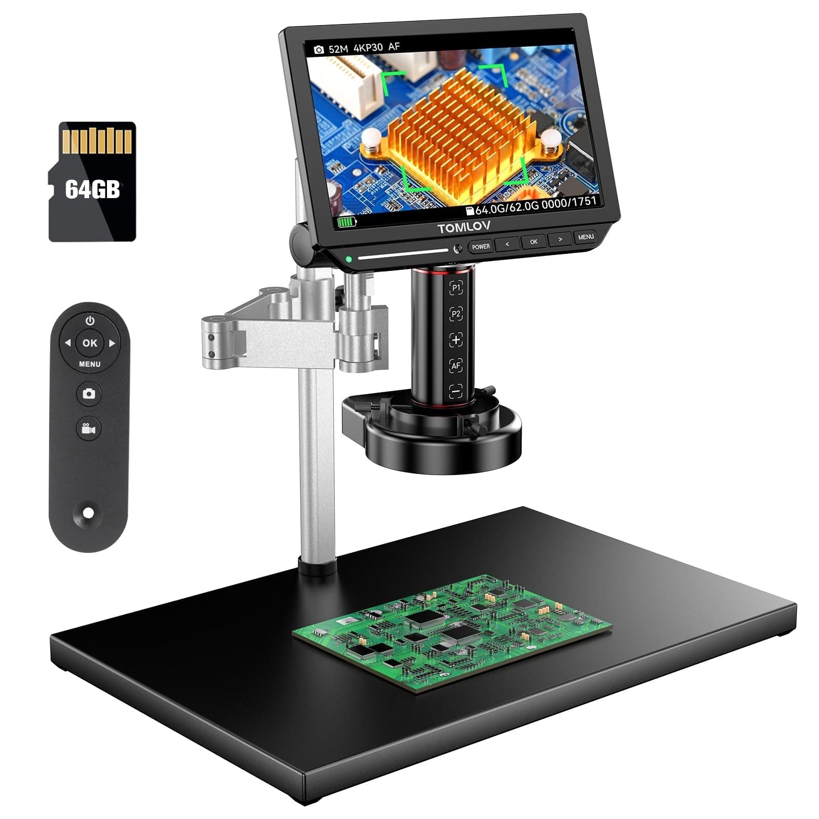 TOMLOV 4K Autofocus Microscope TM4K-AF Max, 10.1" HDMI Digital Microscope with Spin Flex Arm, Micro Soldering Microscopes for Electronics Repair, 52MP Error Coin Micro Scope Full View, Ring Light, 64G