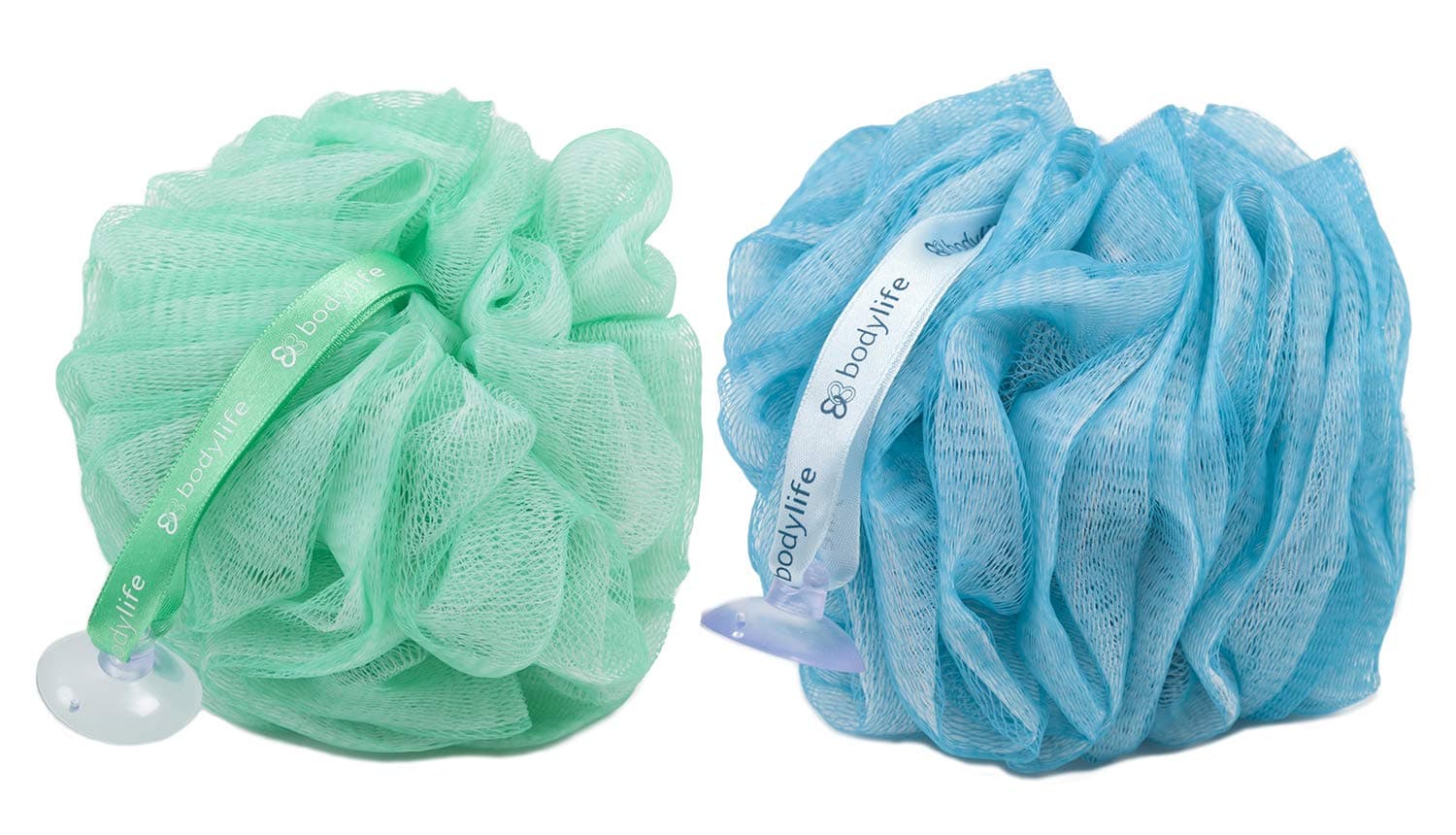 Body Buffer, Puff, Exfoliating Bath & Shower Body Pouf, Scrunchie, Body Scrubber Blue & Green 55g Twin Pack