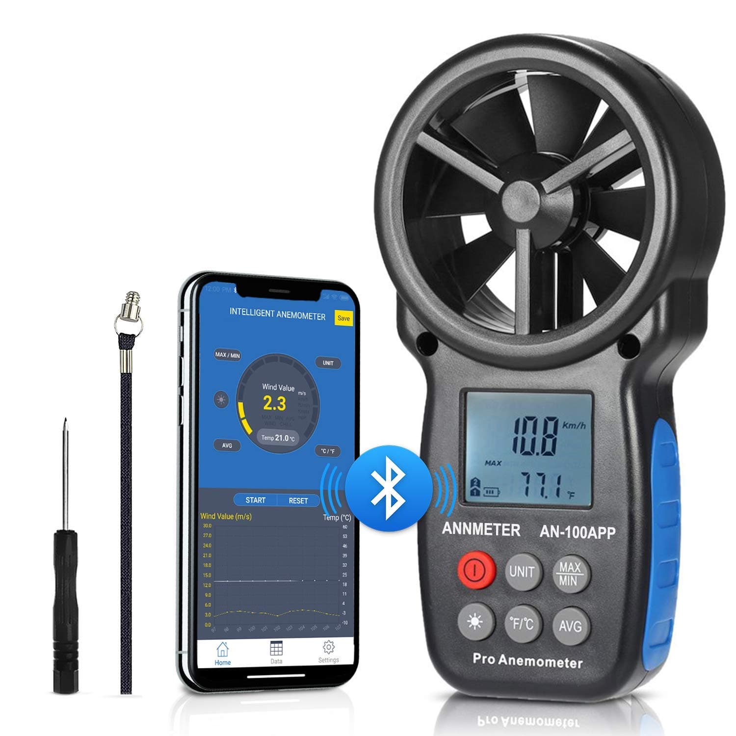 Bluetooth Anemometer Handheld, Wireless Digital Wind Speed Meter Gauge for Air Flow Velocity Wind Temperature Wind Chill Gauge Tester via Phone Tablet APP