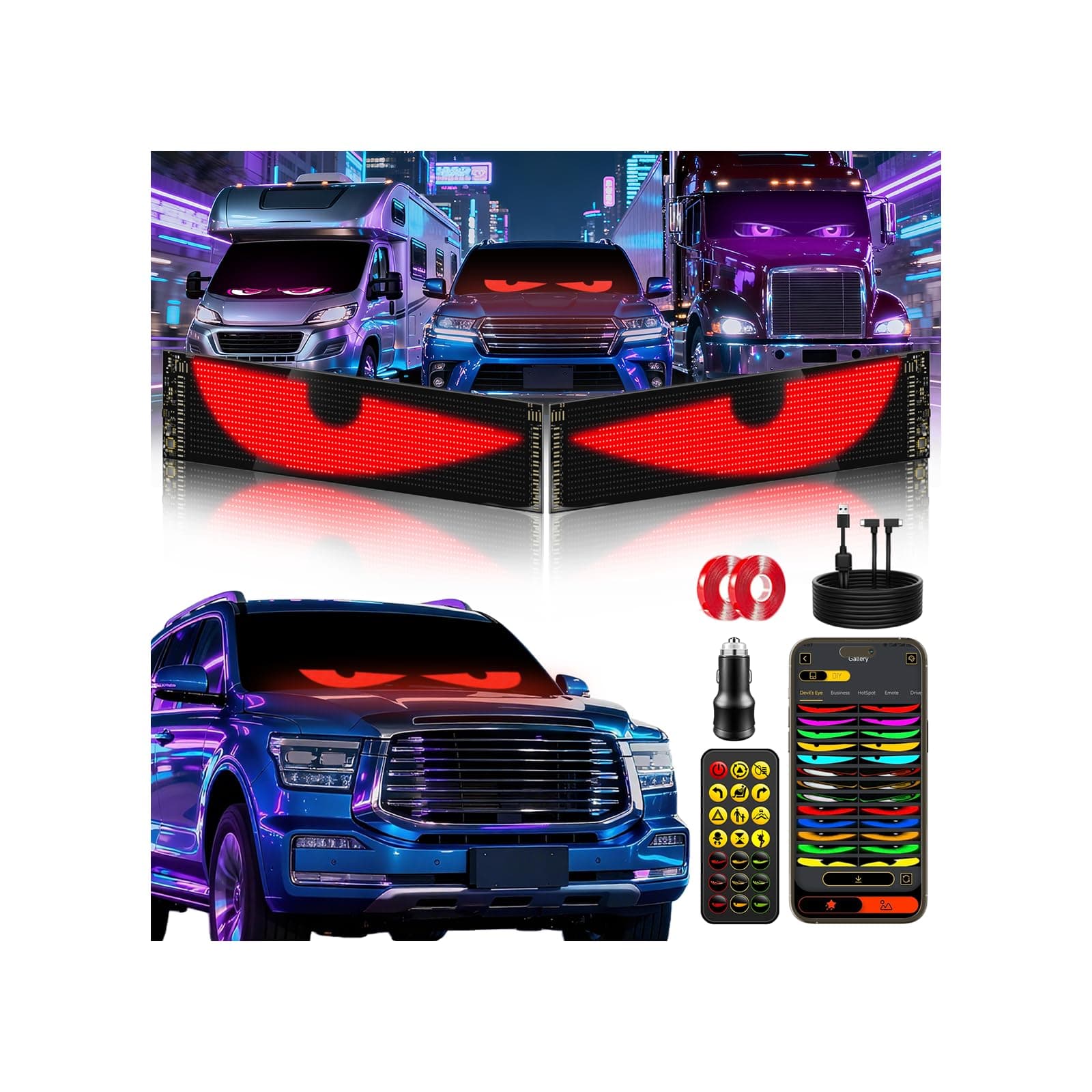 2PCS Devil Eyes Light For Windshield, 23"x5" LED Eyes Dual Screen 100% Sync, App/Remote Control, Custom Text & Graphics LED Light Sign for Car Truck SUV