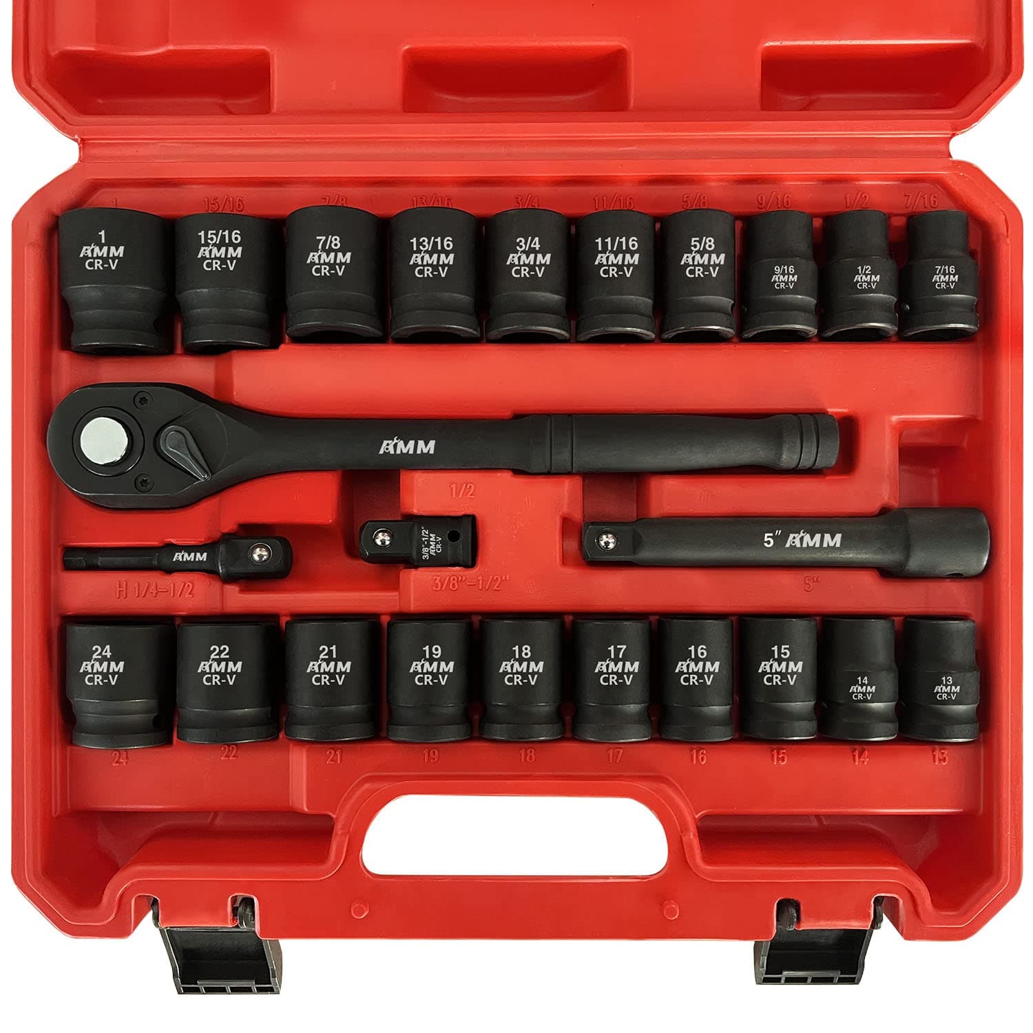 AMM1/2" Drive Master Impact Socket Set, 24-Piece Shallow Standard SAE (7/16-Inch to 1-Inch) & Metric (13-24 mm) Sizes, Socket Assortment with Ratchet Handle，Cr-V Steel