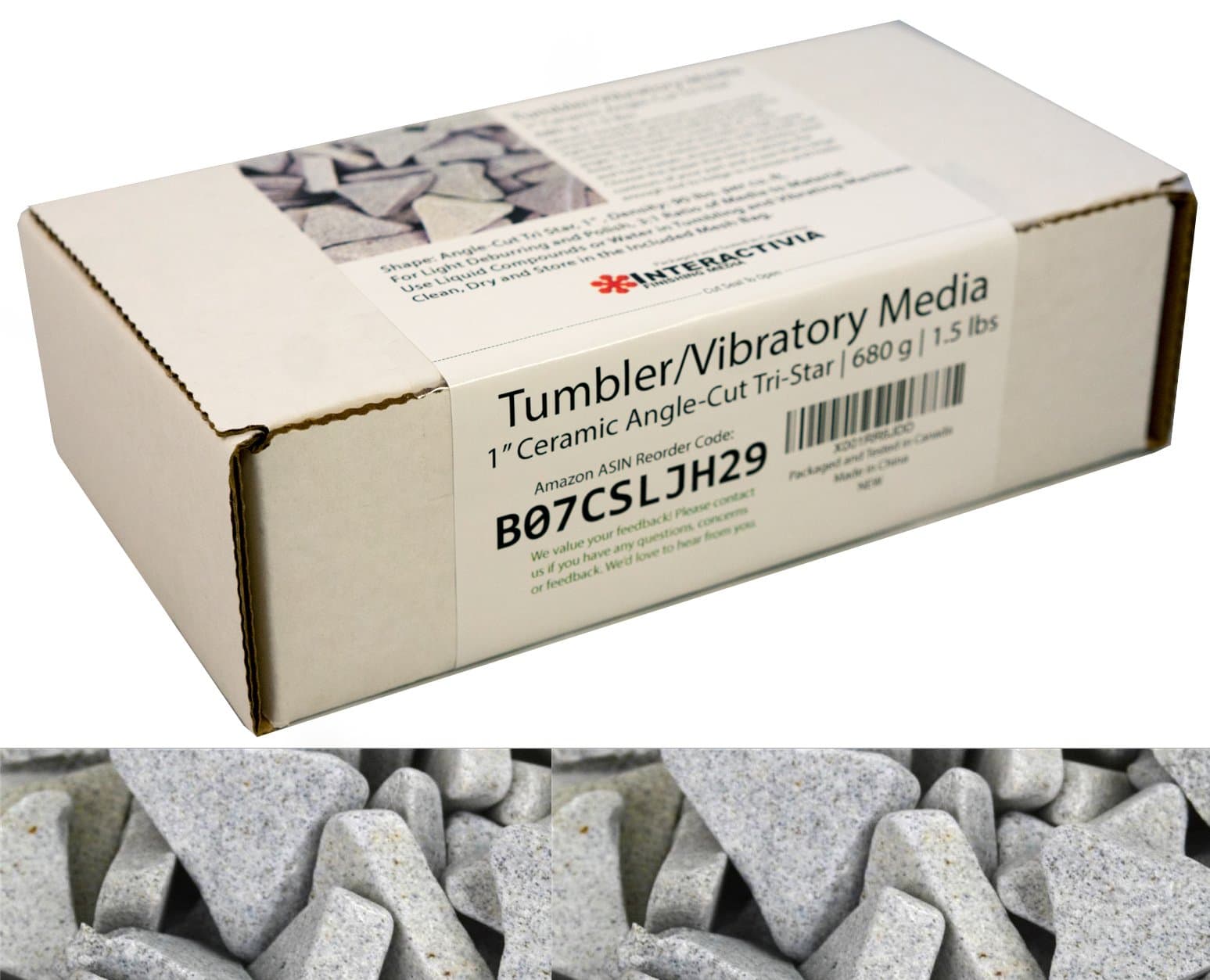 INTERACTIVIA1.5 lbs/680 g | 1" Ceramic Angle-Cut Tri Star Tumbling/Vibratory Media | Includes (Clean, Dry and Store) Mesh Bag | for use in Vibrating Tumbler Or Rotating Tumblers