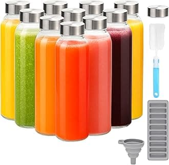 Zukro Glass Water Bottles with Lids 24 oz, 10 Pack Reusable Juice Bottles With Stainless Steel Airtight Cap for Juicing, Leak Proof Clear Drinking Jar Beverage storage container for Fridge, BPA Free