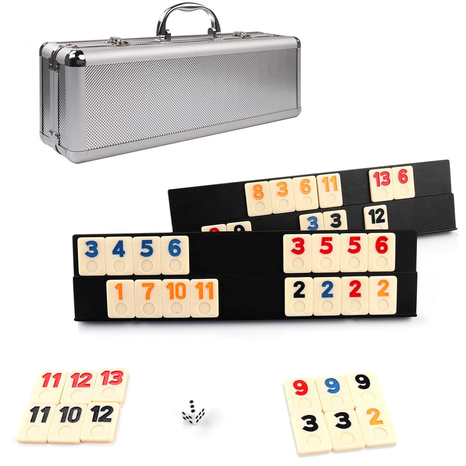 106 Rummy Tiles Game, Rummy Cube Sets Travel Game Outlasting Color with Aluminum Case & 4 Anti-Skid Durable Trays,2-4 palyers