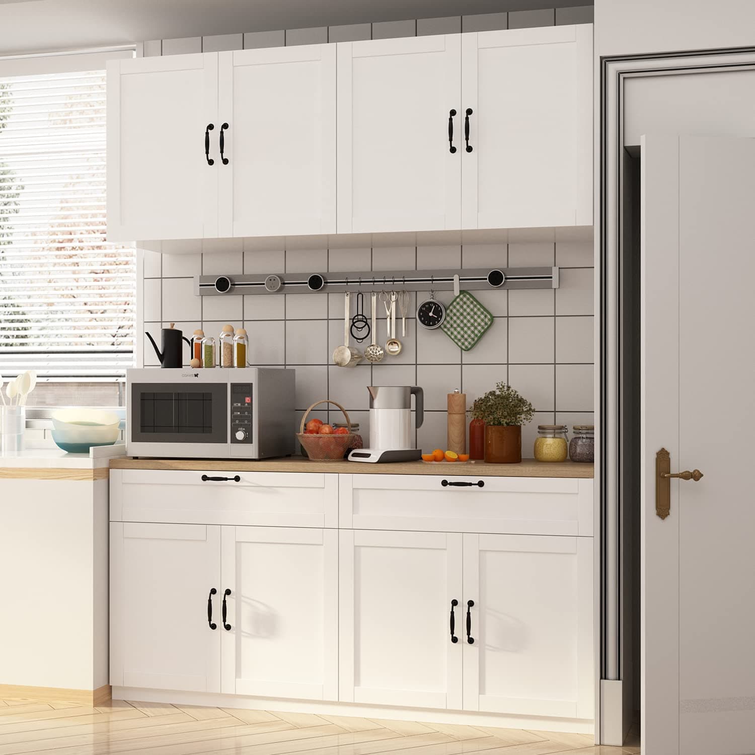 AIEGLE Large Kitchen Pantry Cabinet Set with Wall Mounted Storage Sideboard, Freestanding Wall Storage Cabinet with Shelves, 8 Doors & 2 Drawers, Utility Console Dining Cupboard, White 63" W