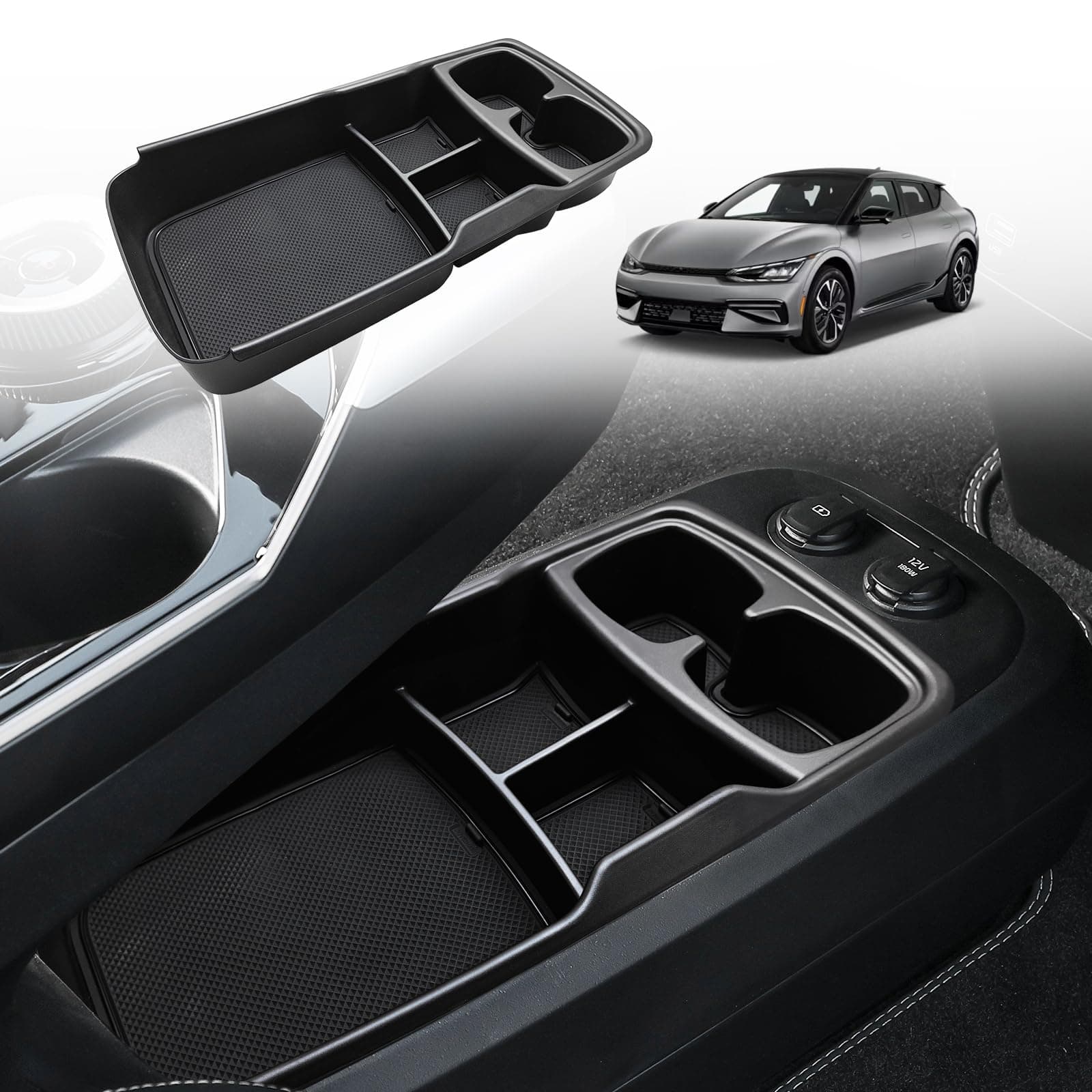 BestEvMod Lower Center Console Organizer Tray Compatible with Kia EV6 2022-2026 Interior Accessories Storage Box ABS Material with PVC Trim Accessories (Lower Organizer-V2)