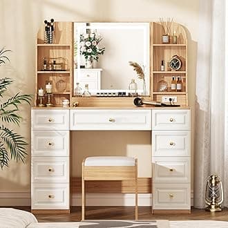 43" Makeup Vanity Desk with Mirror and Lights, & Power Outl, Glass Top Big Vanity Table with 9 Drawers& 8 Storage Shelves, Dressing Table Set with Chair for Bedroom, White+Oak