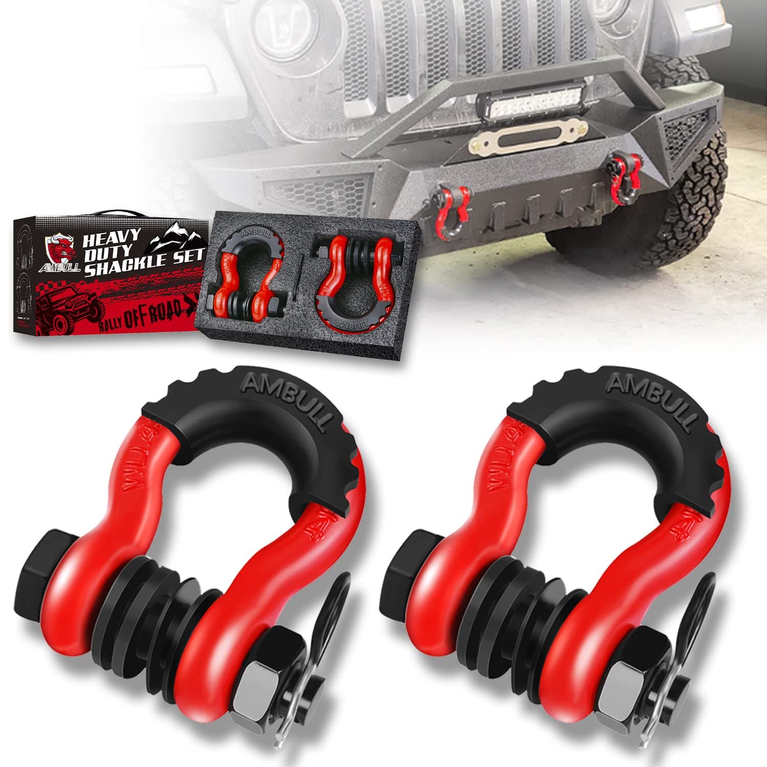 Shackles 3/4 Inch D Ring Shackle (2 Pack) 45,000lb Break Strength with 7/8 Inch Pin, Isolator and Washer Kits for Use with Tow Strap, Winch, Off-Road Jeep Truck Vehicle Recovery, Red
